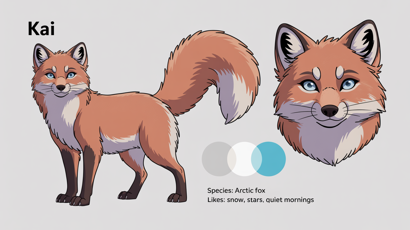 A digital illustration of a fursona reference sheet for an anthropomorphic arctic fox named Kai. The sheet shows front and back views, a headshot, and a color palette on a clean white background.