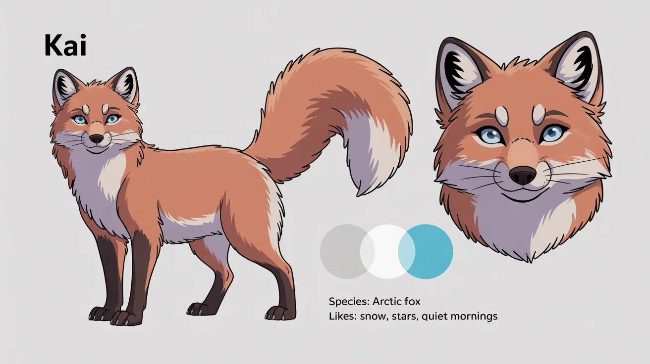 A digital illustration of a fursona reference sheet for an anthropomorphic arctic fox named Kai. The sheet shows front and back views, a headshot, and a color palette on a clean white background.