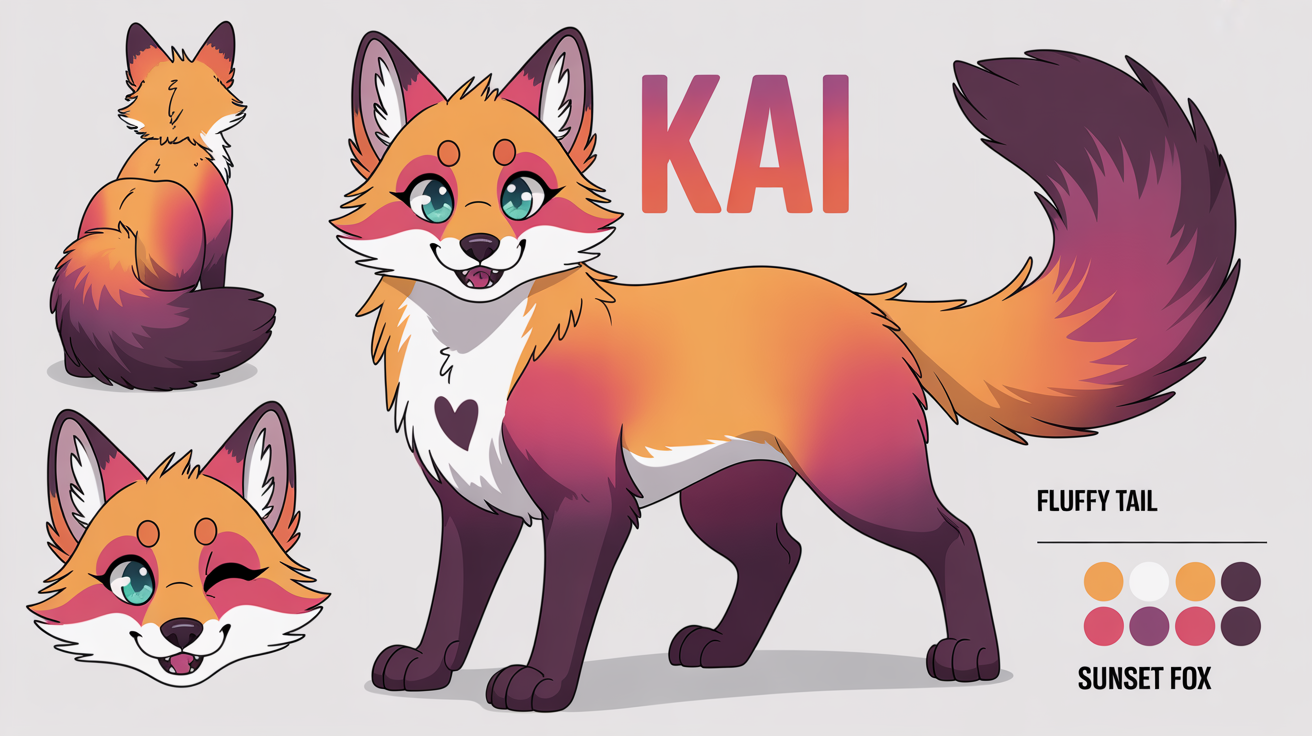 A digital art reference sheet for a sunset-colored fox fursona named Kai, showing front and back views, a headshot, and a color palette on a white background.