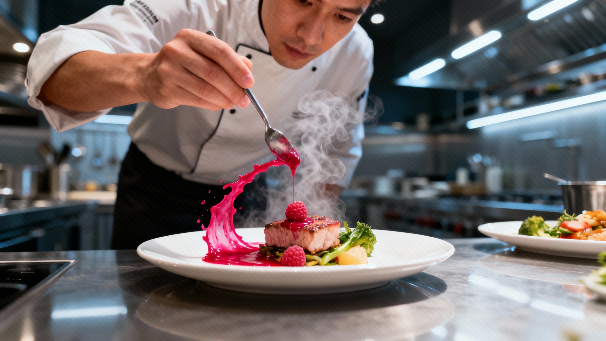 A high-quality, cinematic still frame from a cooking video showing a chef plating a gourmet dish, representing the final output of a video editing tool.