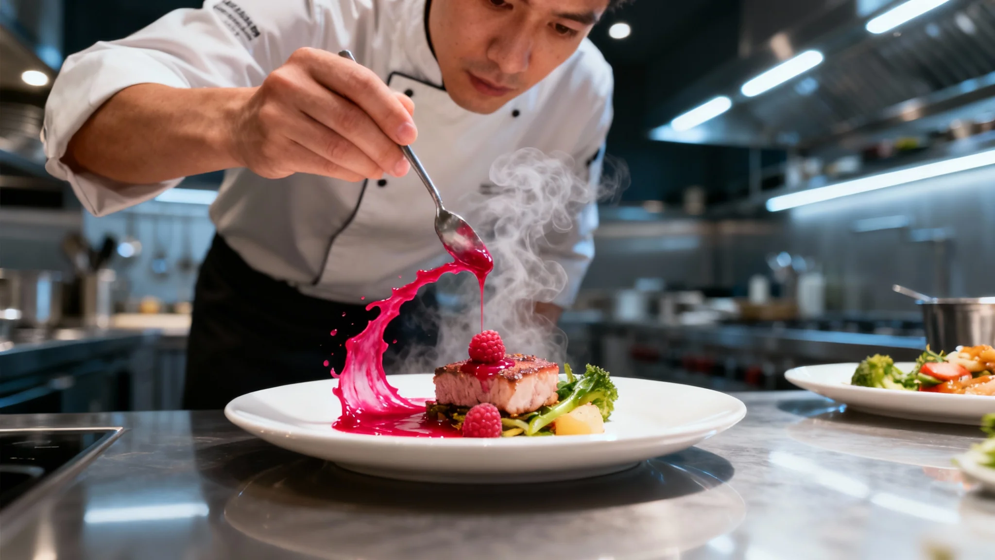 A high-quality, cinematic still frame from a cooking video showing a chef plating a gourmet dish, representing the final output of a video editing tool.