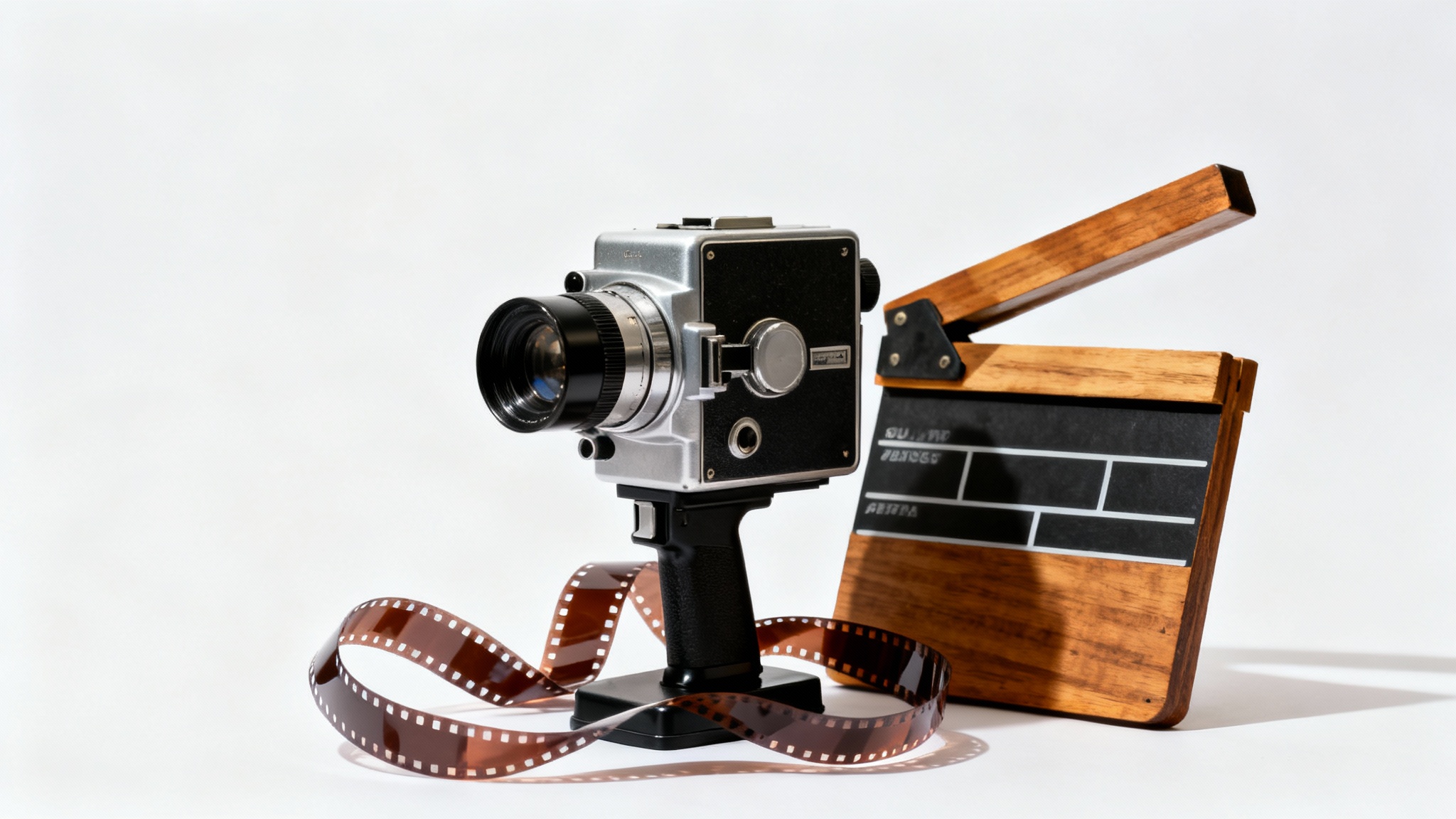A still life arrangement representing video production, featuring a vintage film camera, a director's clapperboard, and a strip of film on a clean white background.