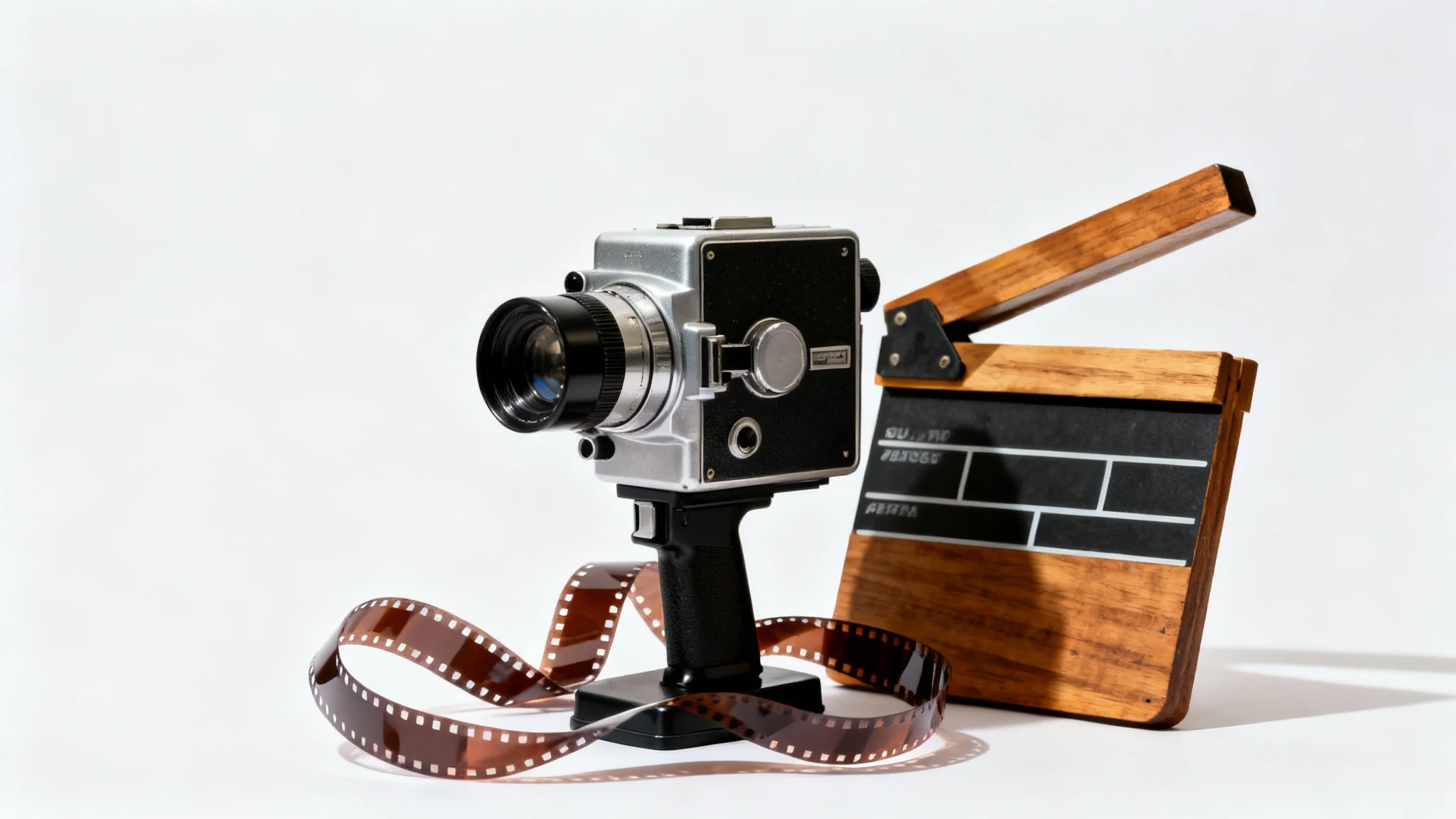 A still life arrangement representing video production, featuring a vintage film camera, a director's clapperboard, and a strip of film on a clean white background.