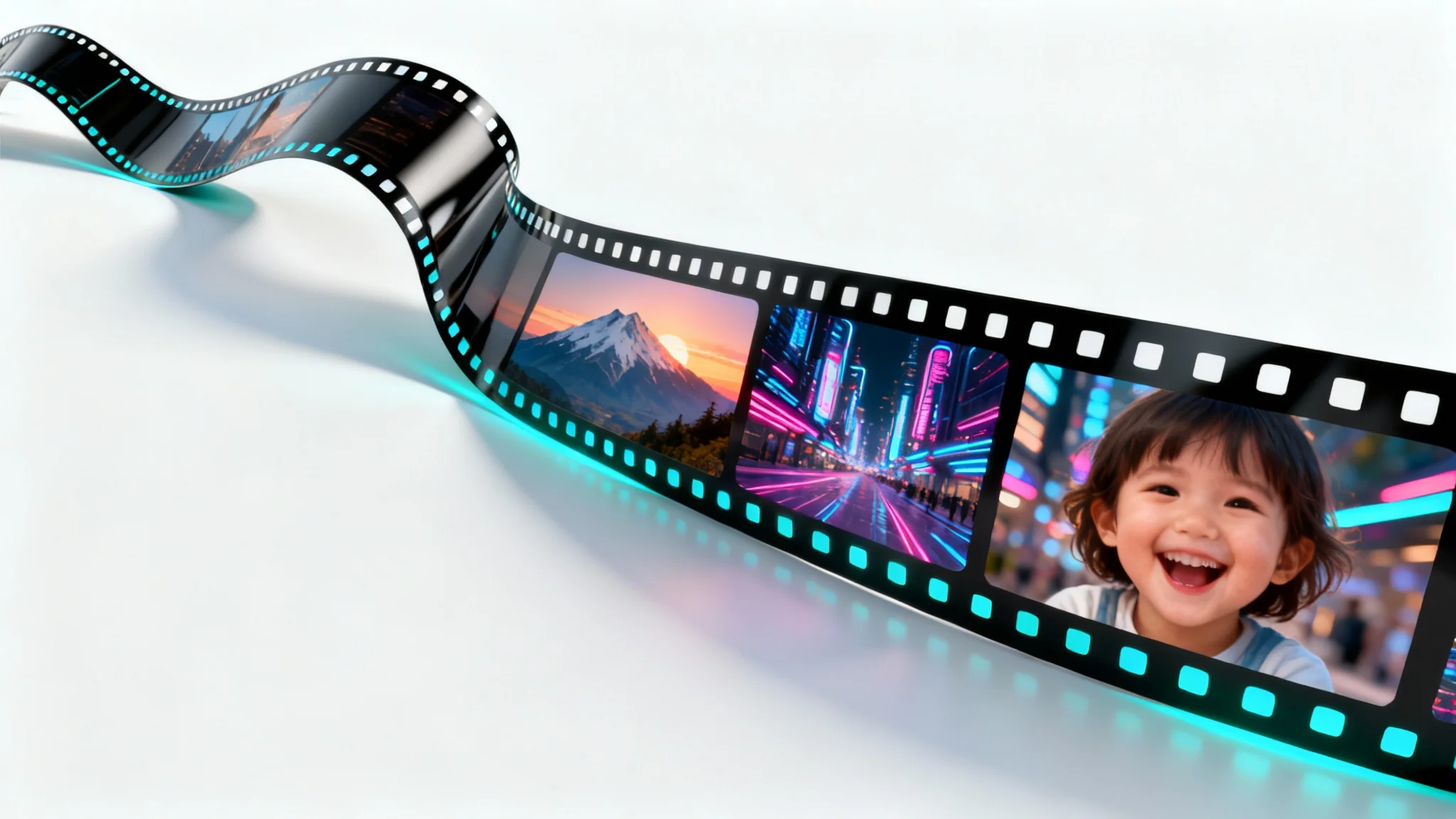 A 3D rendering of a modern film strip with vibrant video frames of landscapes and cityscapes, curving elegantly on a clean white background, symbolizing video creation.