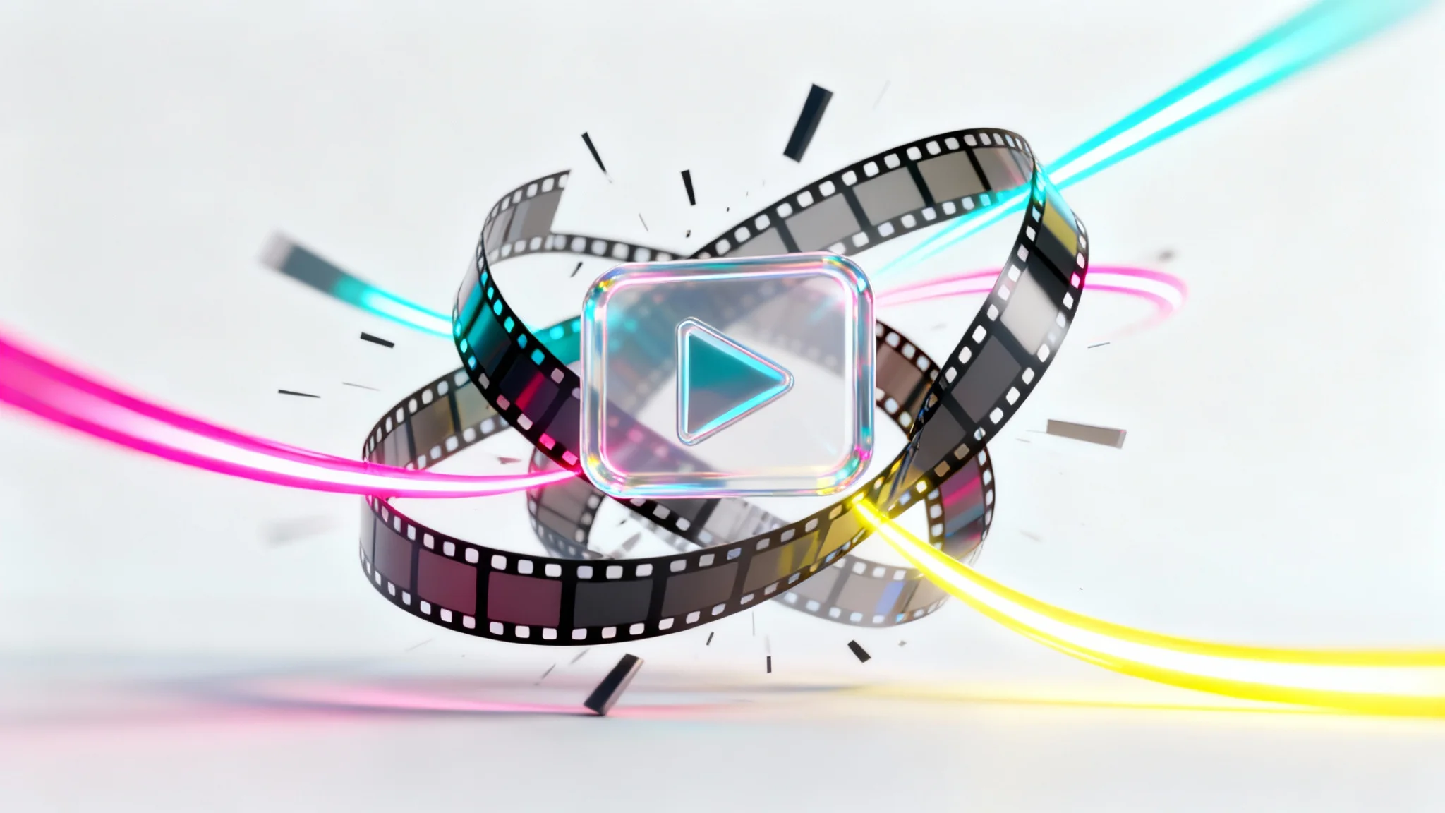 A dynamic 3D rendering of a film strip, a play button, and colorful light streaks on a white background, symbolizing video and media.