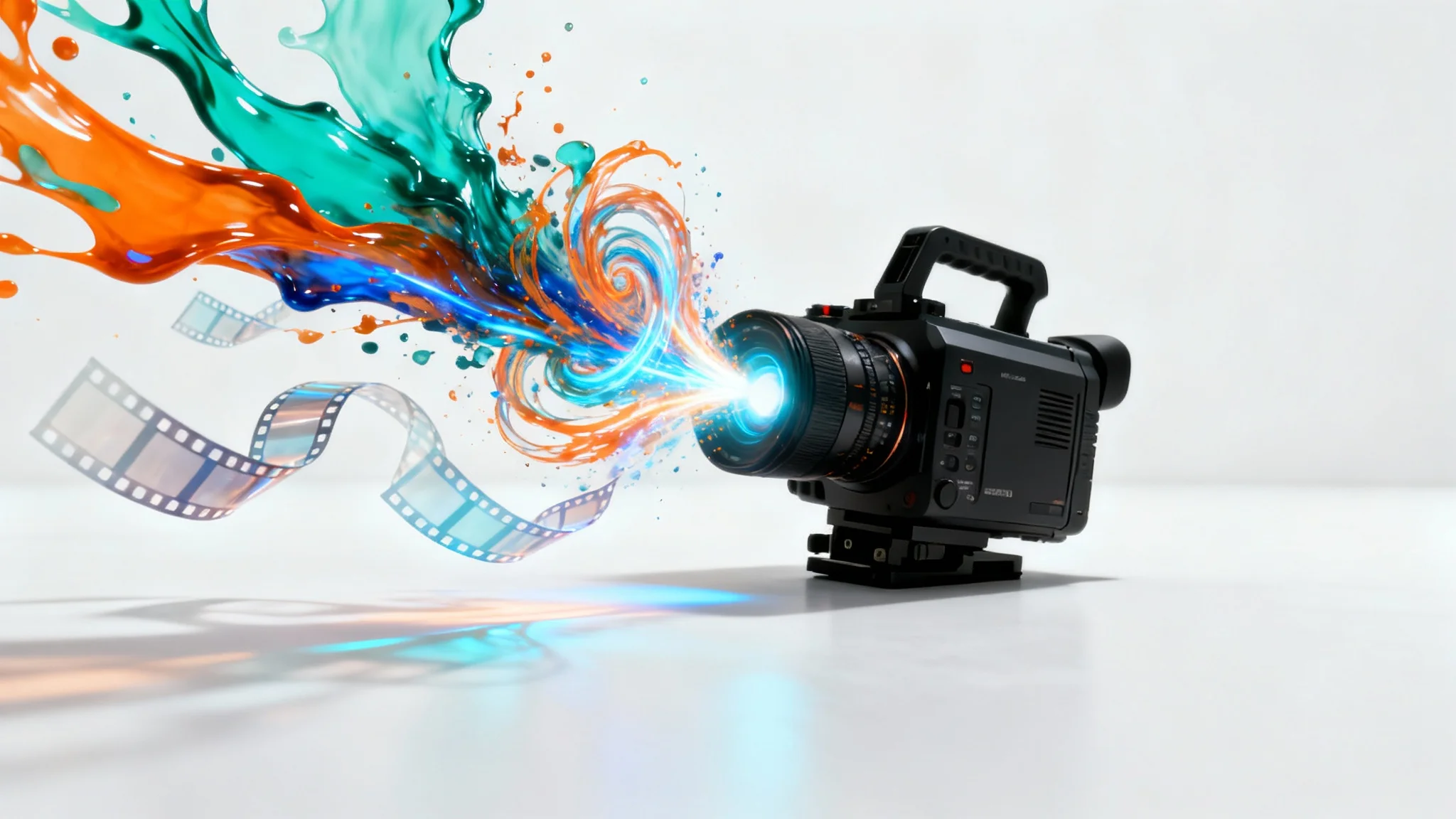A professional video camera on a white background, with colorful streams of light and film strips emerging from the lens, symbolizing video creation and creativity.