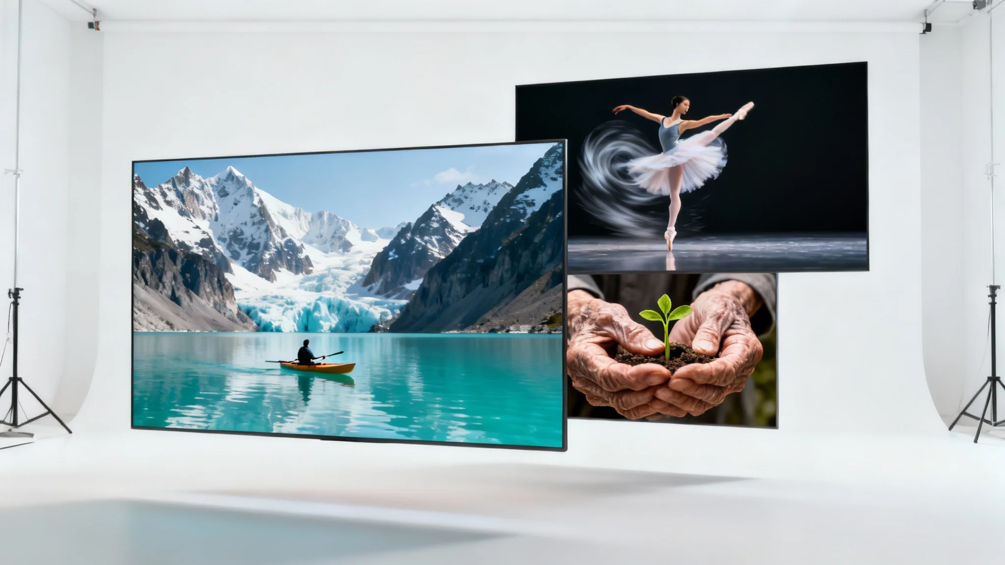Three floating cinematic video frames against a white background: one of a kayaker on a glacial lake, another of a spinning ballet dancer, and a close-up of hands holding a seedling, symbolizing the storytelling power of video.
