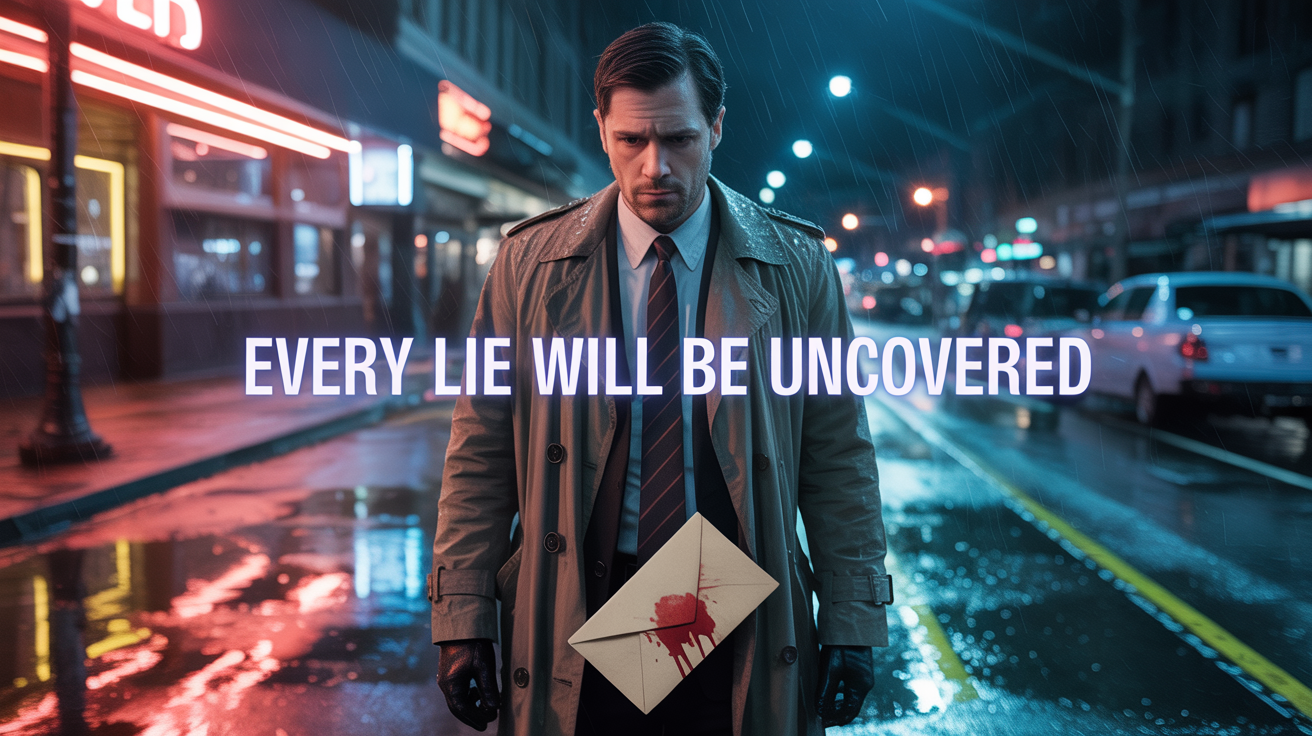 A cinematic still from a movie trailer showing a detective on a rainy, neon-lit city street. In the center, the text 'EVERY LIE WILL BE UNCOVERED' is displayed in a bold white font, representing the final design of a trailer text effect.