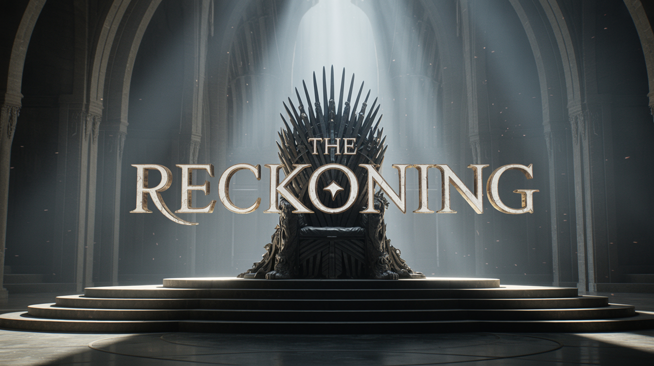 Cinematic movie trailer title card showing an empty, dark fantasy throne in a large hall, with the text 'THE RECKONING' in bold, golden letters in the foreground.