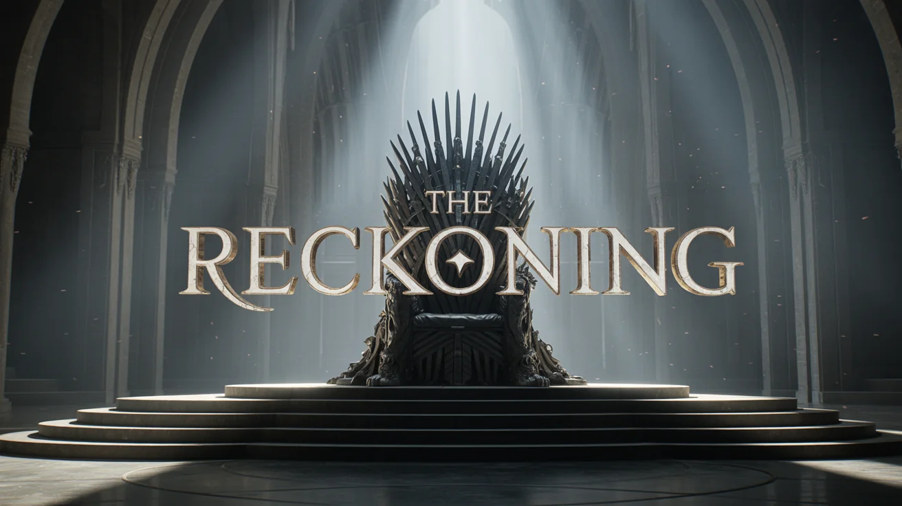 Cinematic movie trailer title card showing an empty, dark fantasy throne in a large hall, with the text 'THE RECKONING' in bold, golden letters in the foreground.