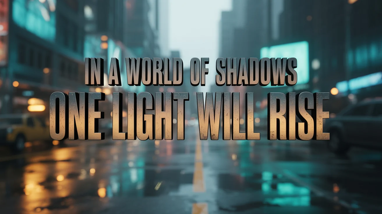 A cinematic movie trailer title card with the text 'IN A WORLD OF SHADOWS, ONE LIGHT WILL RISE' set against a dark, dystopian city backdrop.
