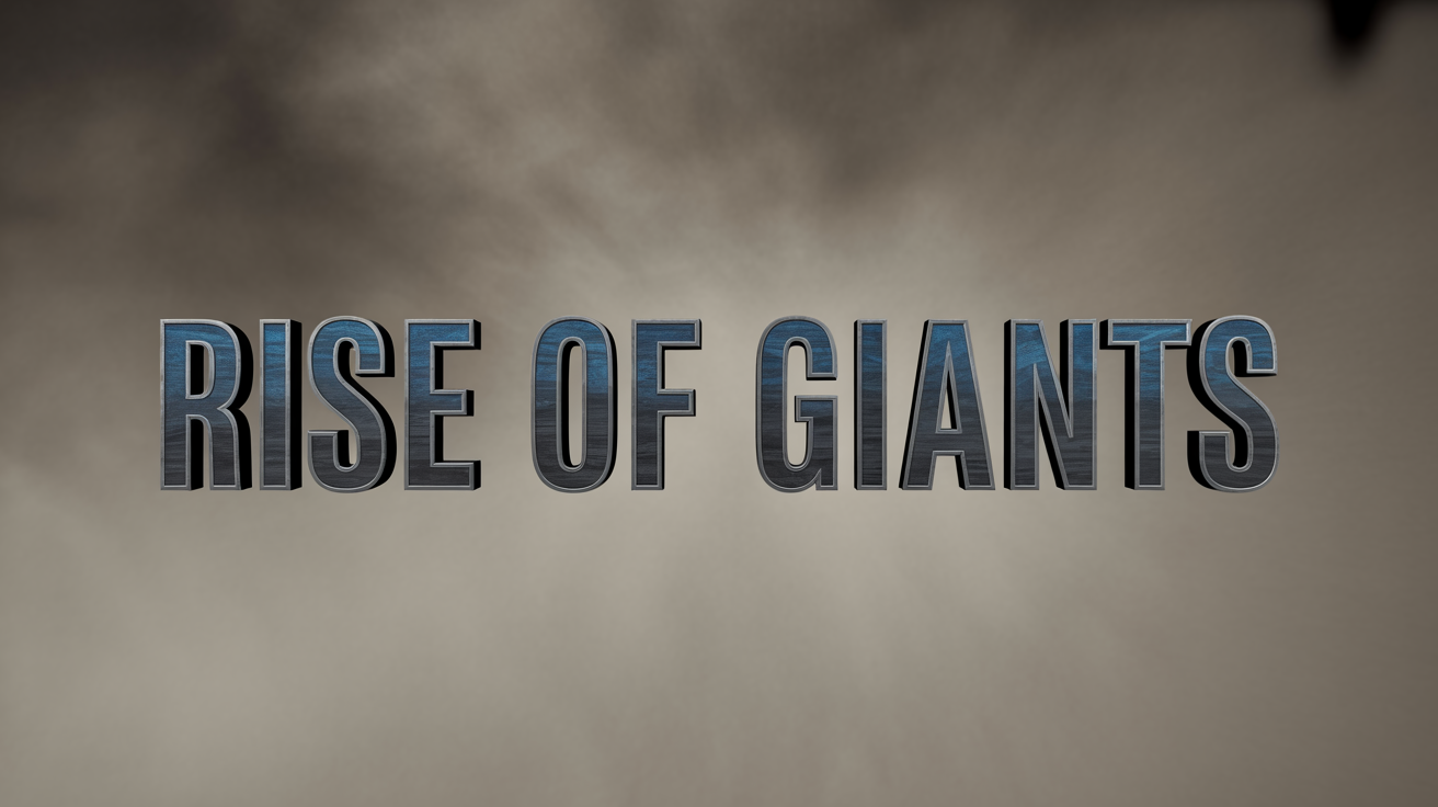 A mockup of a cinematic movie trailer title, showing the words 'RISE OF GIANTS' in a bold, 3D metallic font against a dark, neutral background.