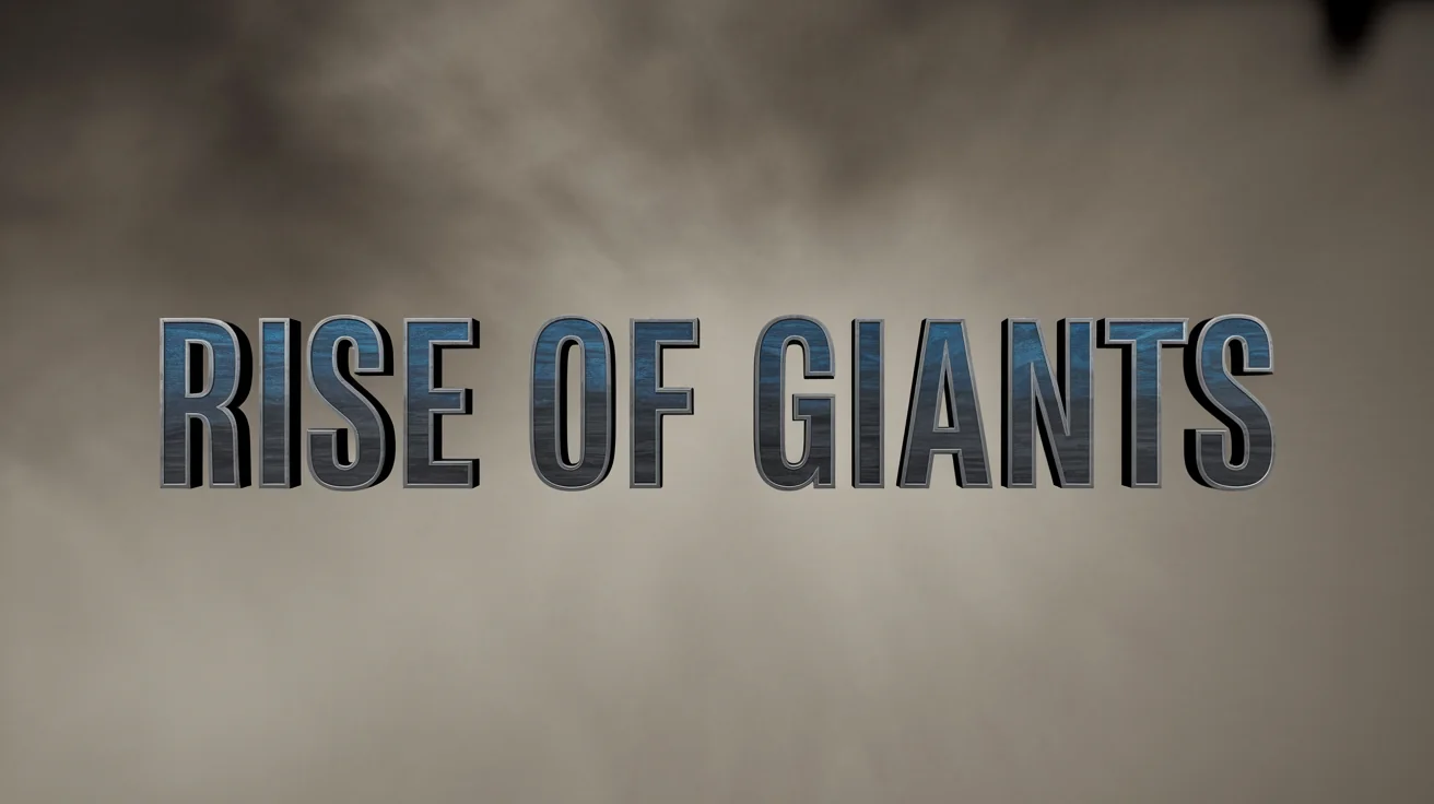 A mockup of a cinematic movie trailer title, showing the words 'RISE OF GIANTS' in a bold, 3D metallic font against a dark, neutral background.