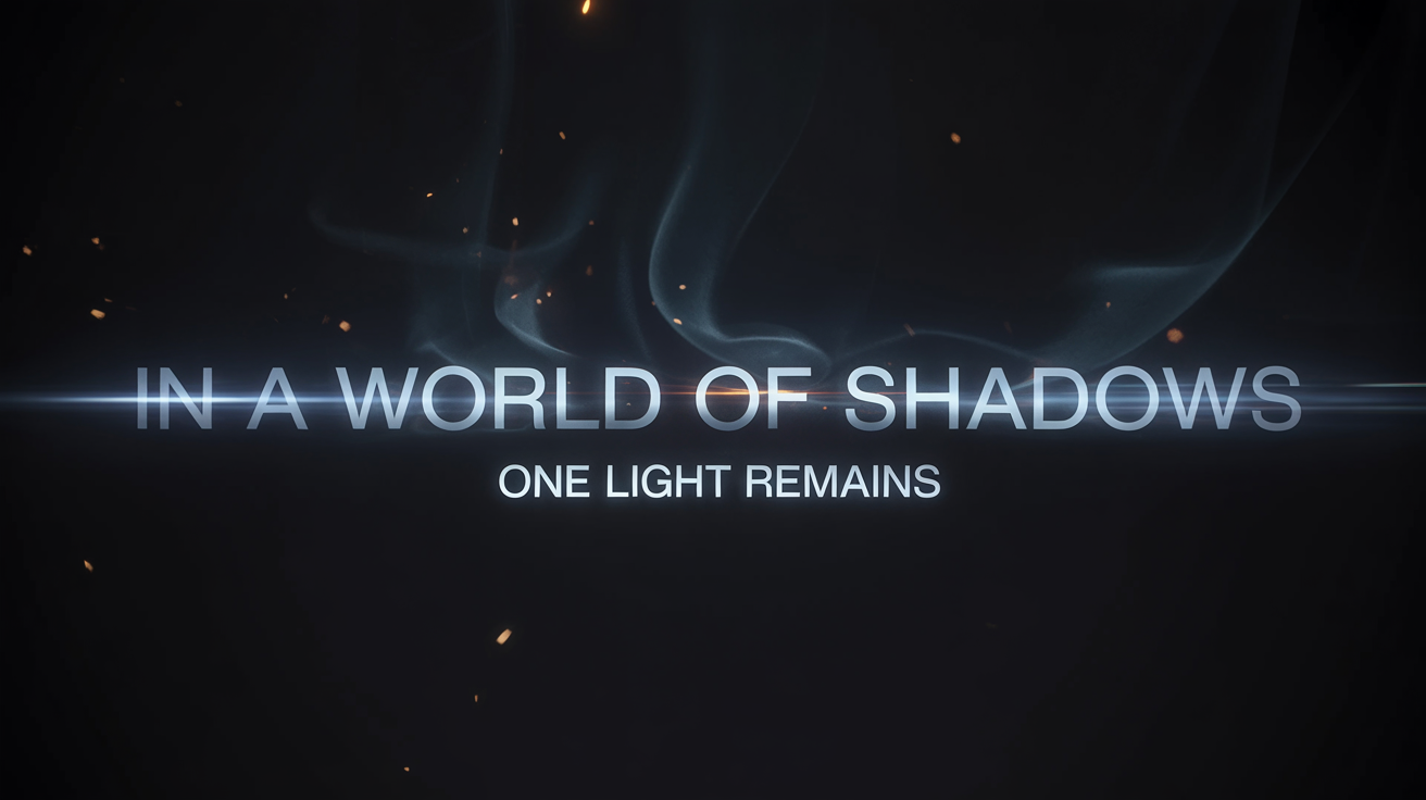 A cinematic movie trailer title card with the epic text 'In a world of shadows, one light remains' in a glowing silver font against a dark, smoky background with embers and a lens flare.