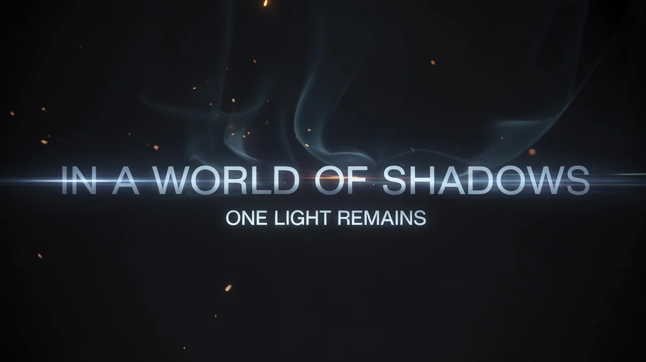 A cinematic movie trailer title card with the epic text 'In a world of shadows, one light remains' in a glowing silver font against a dark, smoky background with embers and a lens flare.