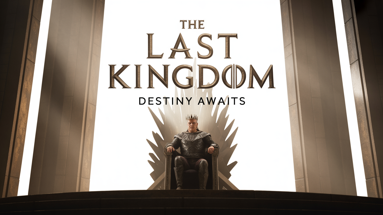 A cinematic still from a fantasy movie trailer showing a grand throne room with the title 'THE LAST KINGDOM' and the tagline 'DESTINY AWAITS' in elegant gold text.