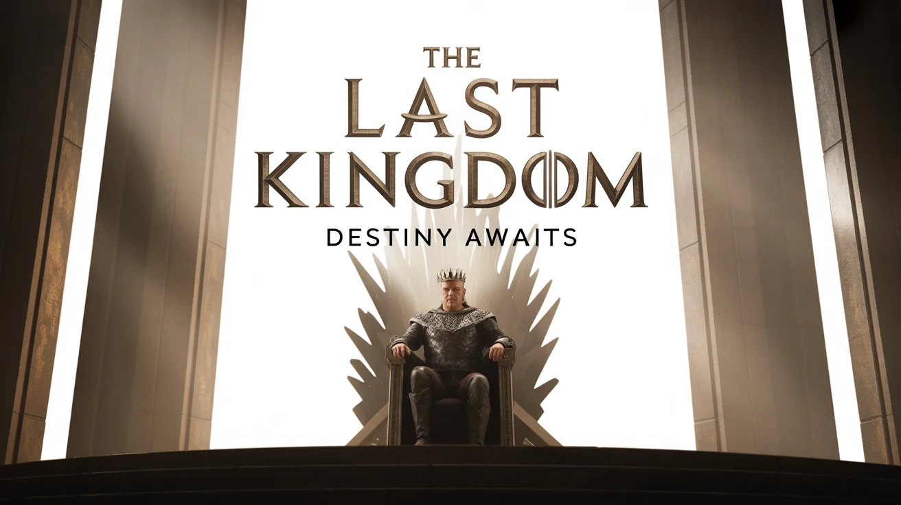 A cinematic still from a fantasy movie trailer showing a grand throne room with the title 'THE LAST KINGDOM' and the tagline 'DESTINY AWAITS' in elegant gold text.