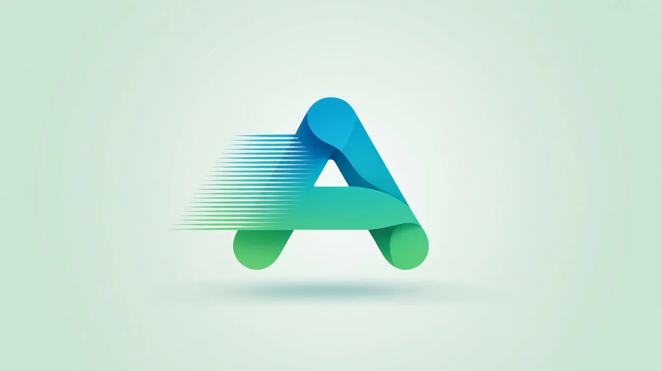 A dynamic hero image showing the animation of a modern tech logo, a stylized 'A' in blue and green, with visual effects demonstrating its rotation and scaling against a light grey gradient background.