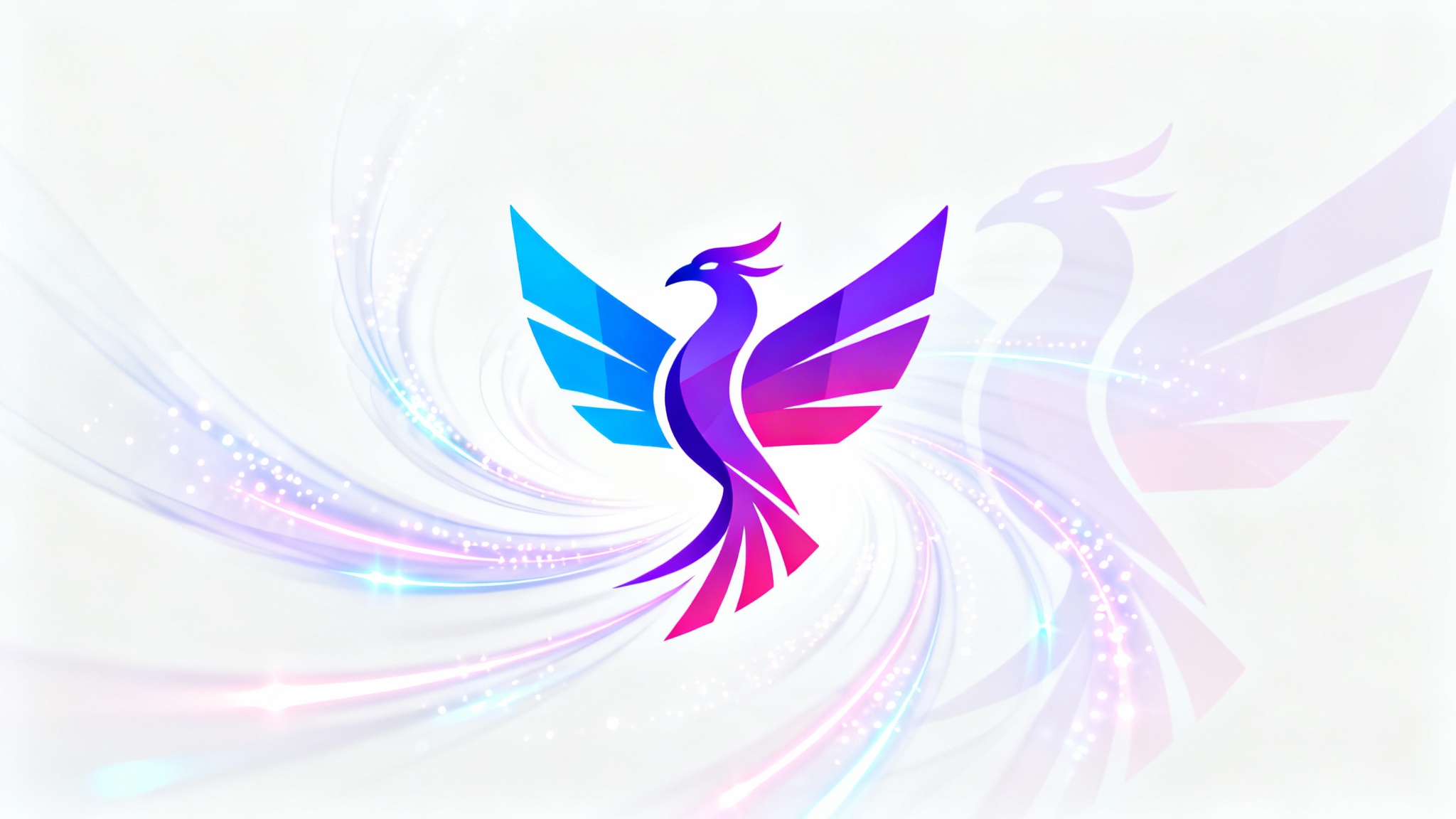 An abstract logo of a stylized phoenix captured mid-animation, with vibrant blue and pink after-images swirling around it against a clean white background, demonstrating a logo animation effect.