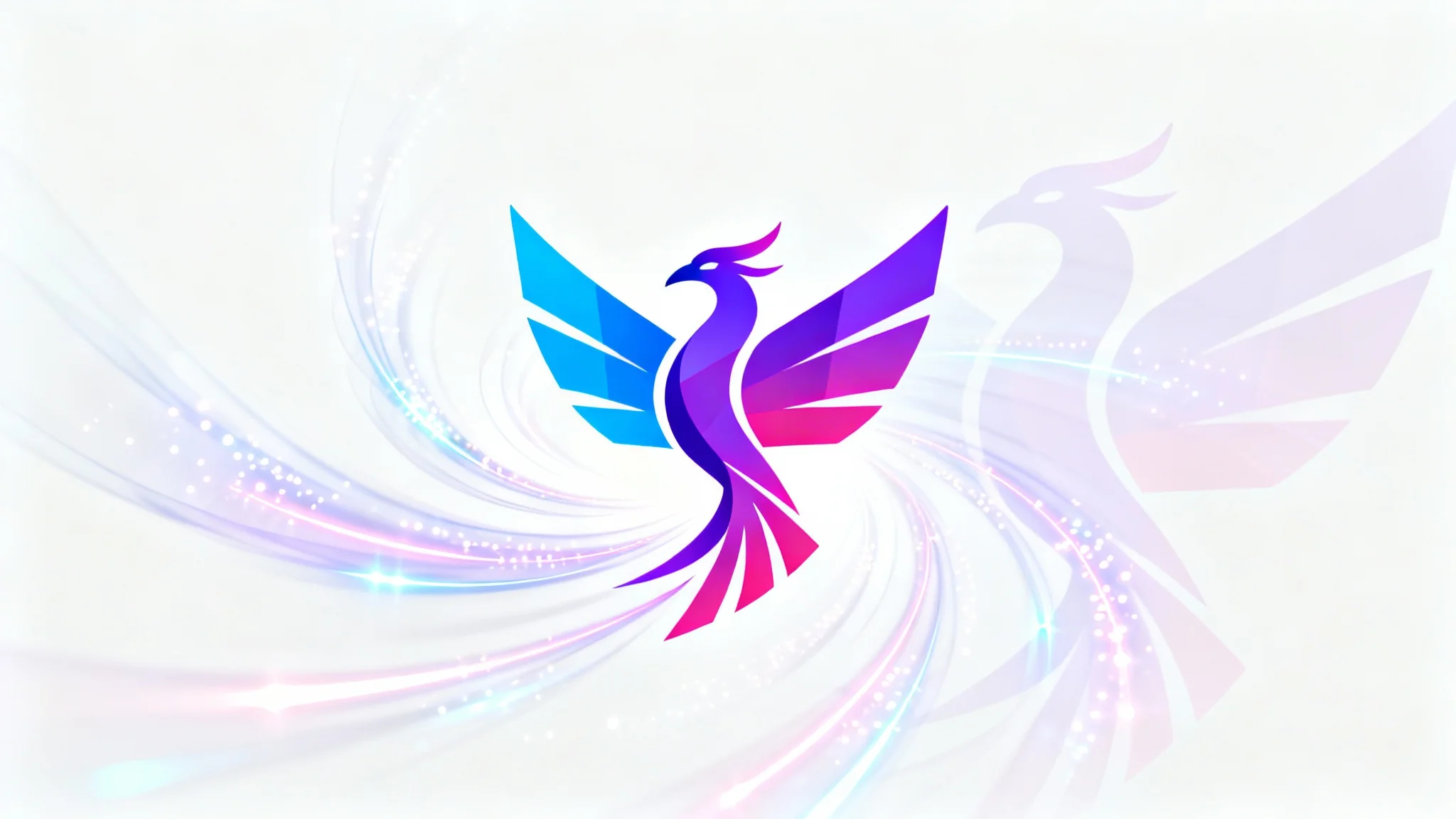 An abstract logo of a stylized phoenix captured mid-animation, with vibrant blue and pink after-images swirling around it against a clean white background, demonstrating a logo animation effect.