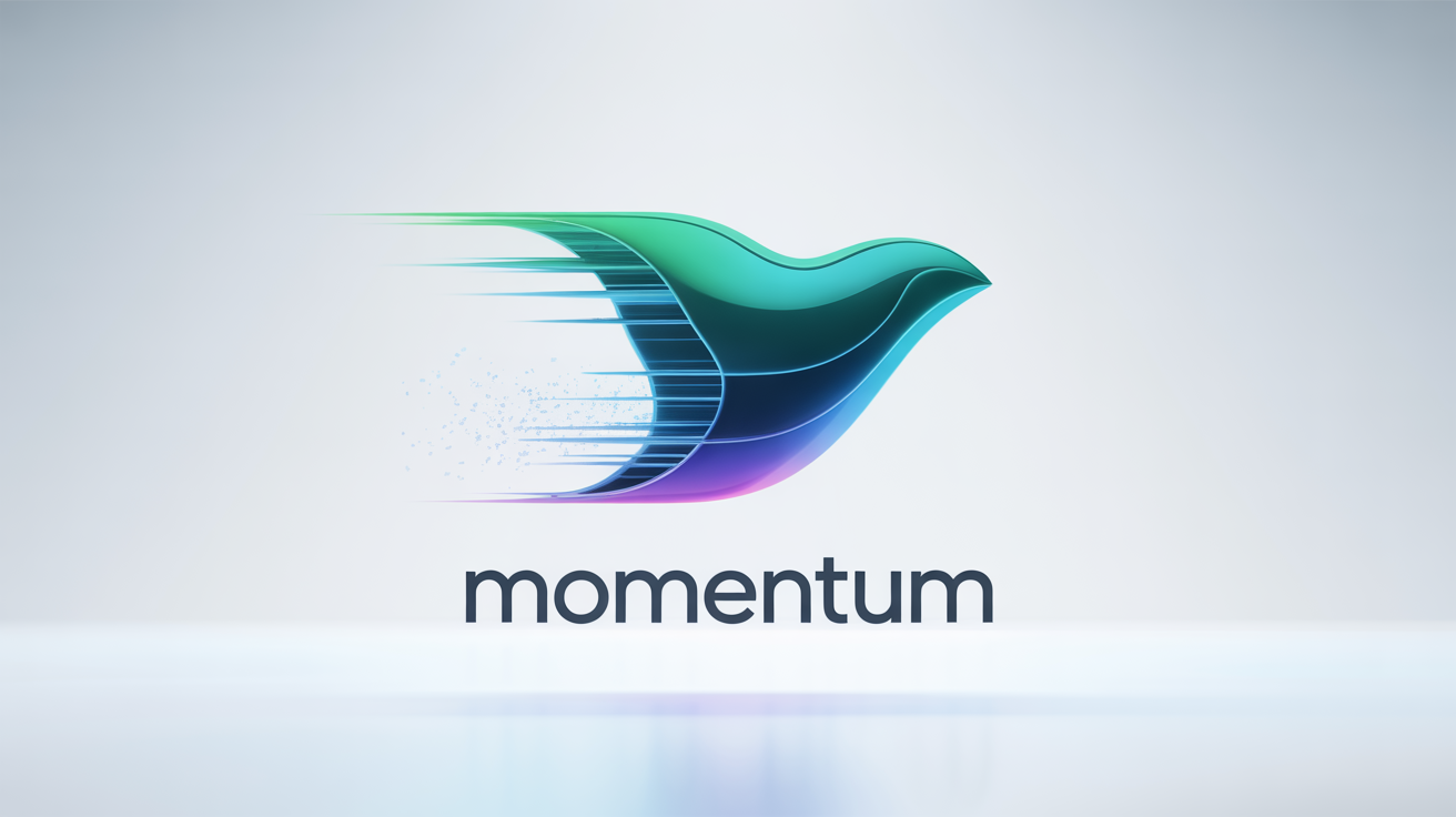 A photorealistic mockup of a logo animation, showing a glowing blue and teal abstract shape in mid-motion with light trails, with the word 'Momentum' underneath, all against a plain white background.