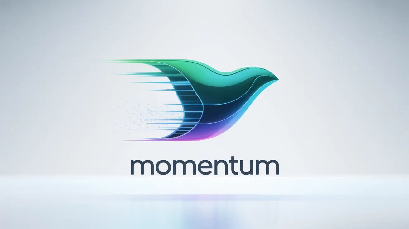 A photorealistic mockup of a logo animation, showing a glowing blue and teal abstract shape in mid-motion with light trails, with the word 'Momentum' underneath, all against a plain white background.