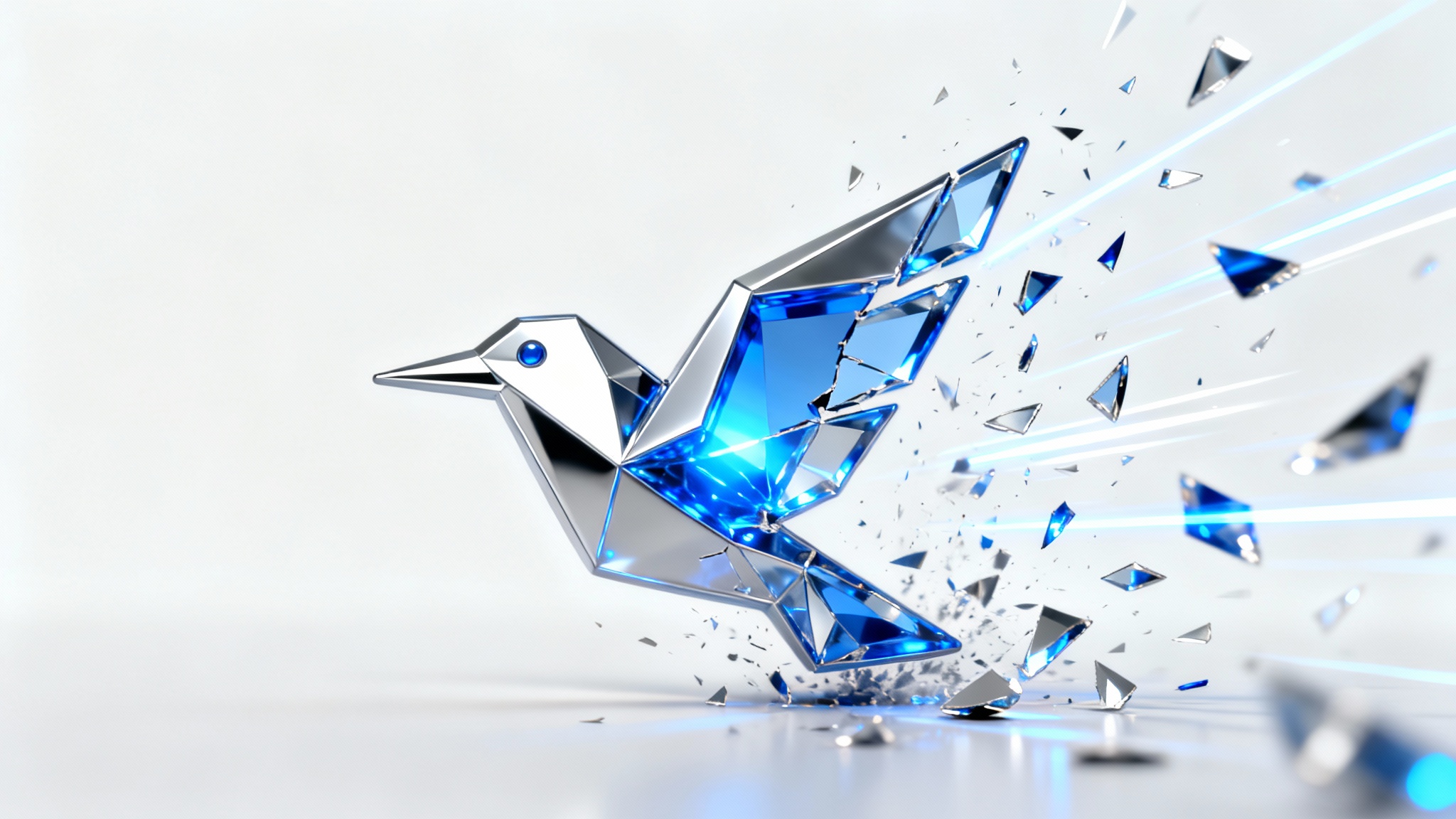 A sleek, abstract logo of a bird made from silver and glowing blue material, shown mid-animation as it bursts into particles against a white background, symbolizing logo animation.
