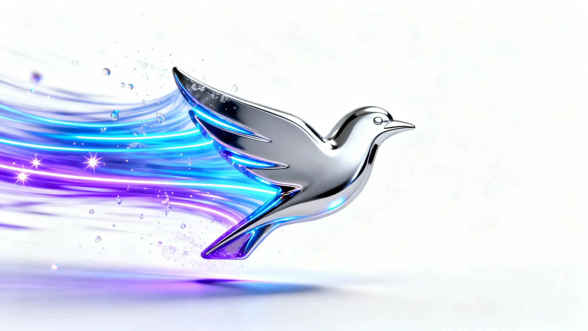 A photorealistic mockup of a logo animation, featuring a sleek silver 3D bird logo surrounded by swirling blue and purple light trails against a clean white background, conveying motion and energy.