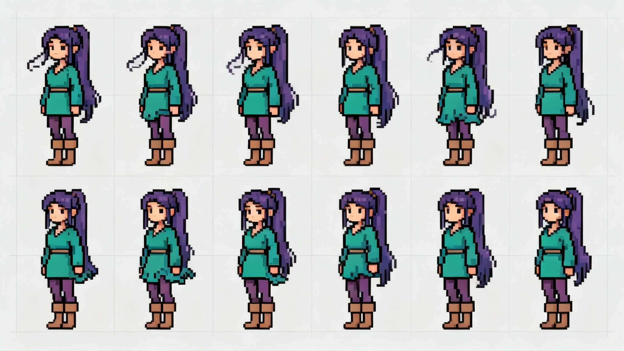 A pixel art spritesheet showing an 8-frame idle animation of a female character with purple hair and a green tunic, arranged in a 2x4 grid on a light gray background.
