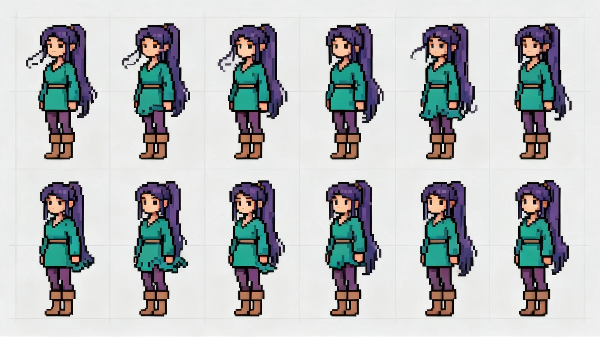 A pixel art spritesheet showing an 8-frame idle animation of a female character with purple hair and a green tunic, arranged in a 2x4 grid on a light gray background.