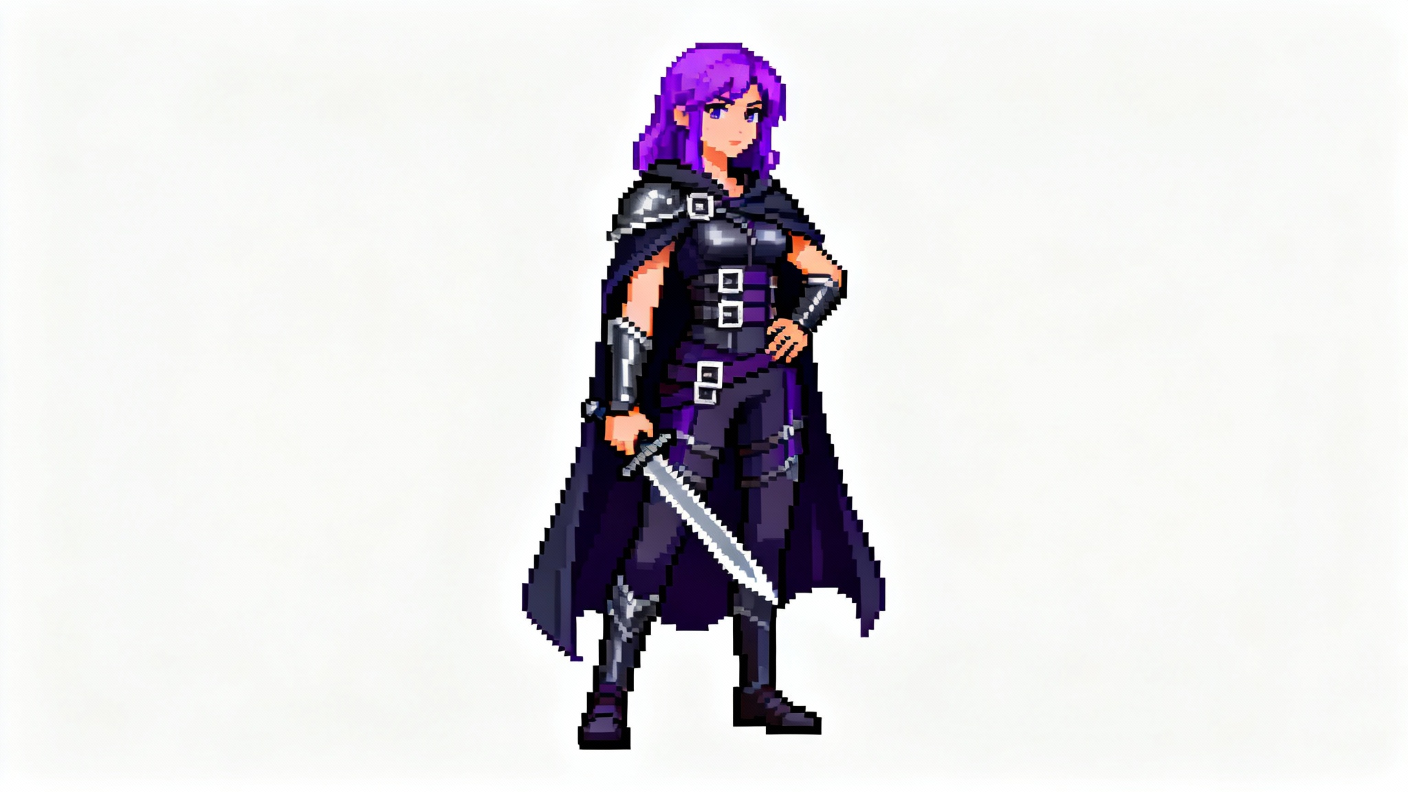 A 16-bit pixel art depiction of a female rogue character in an idle animation pose, standing against a clean white background.