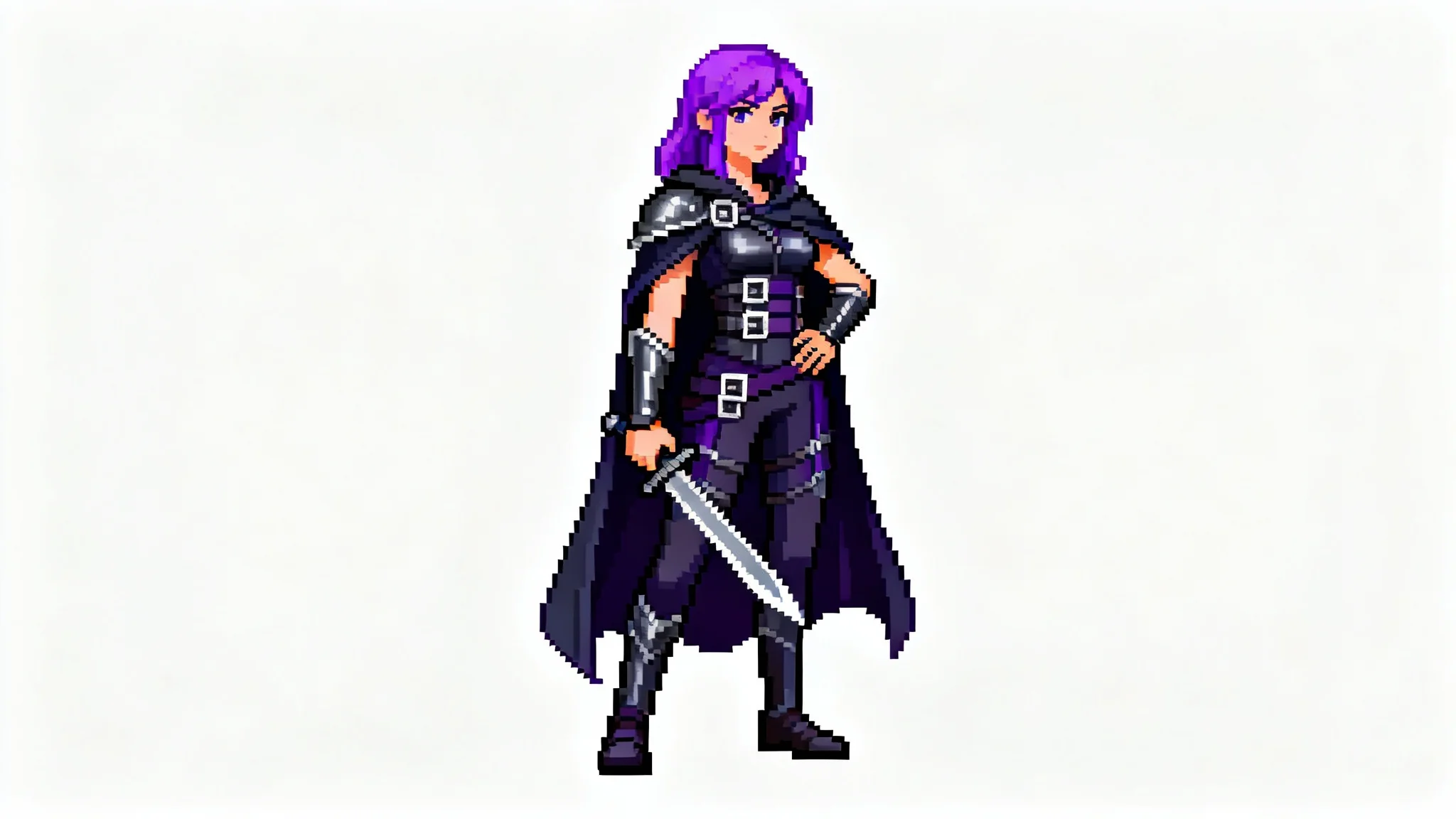 A 16-bit pixel art depiction of a female rogue character in an idle animation pose, standing against a clean white background.