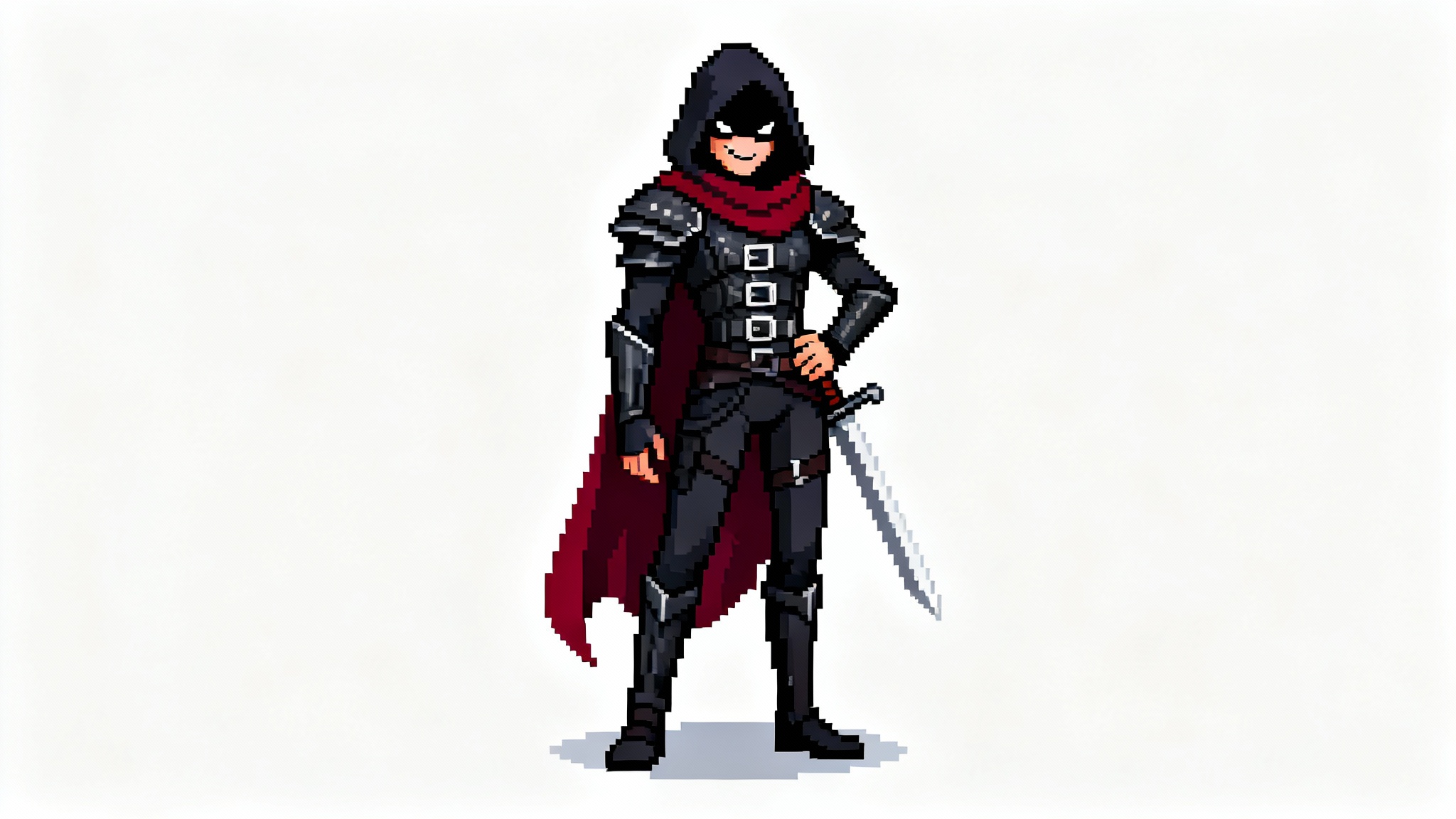 A 16-bit pixel art character of a rogue in a dark hood and red scarf, standing in an idle pose on a white background, representing a pixel idle animation.