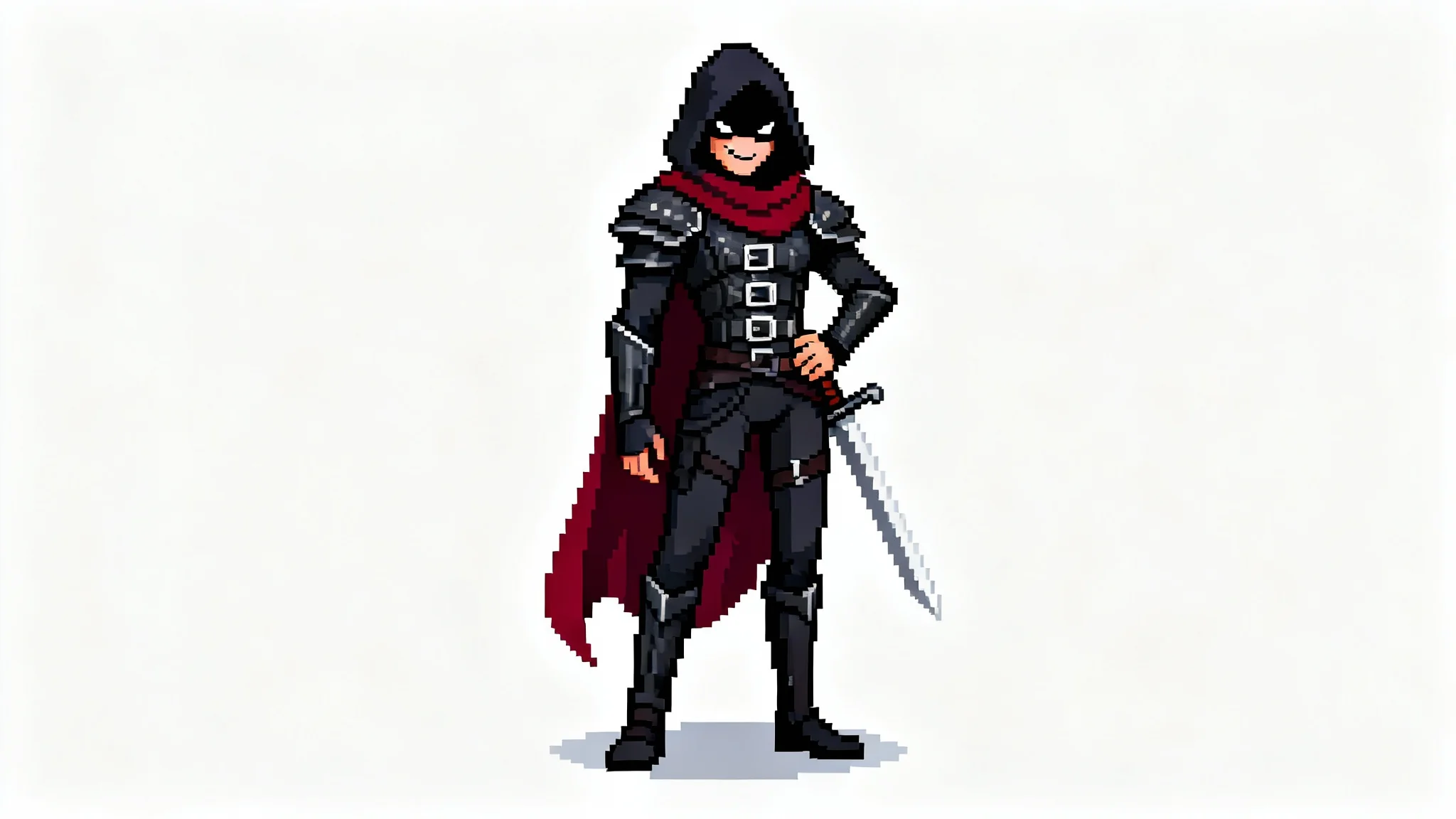 A 16-bit pixel art character of a rogue in a dark hood and red scarf, standing in an idle pose on a white background, representing a pixel idle animation.
