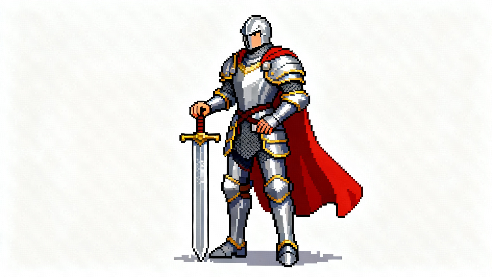 A pixel art depiction of a knight in full silver armor and a red cape, standing in a classic video game idle animation pose against a white background.
