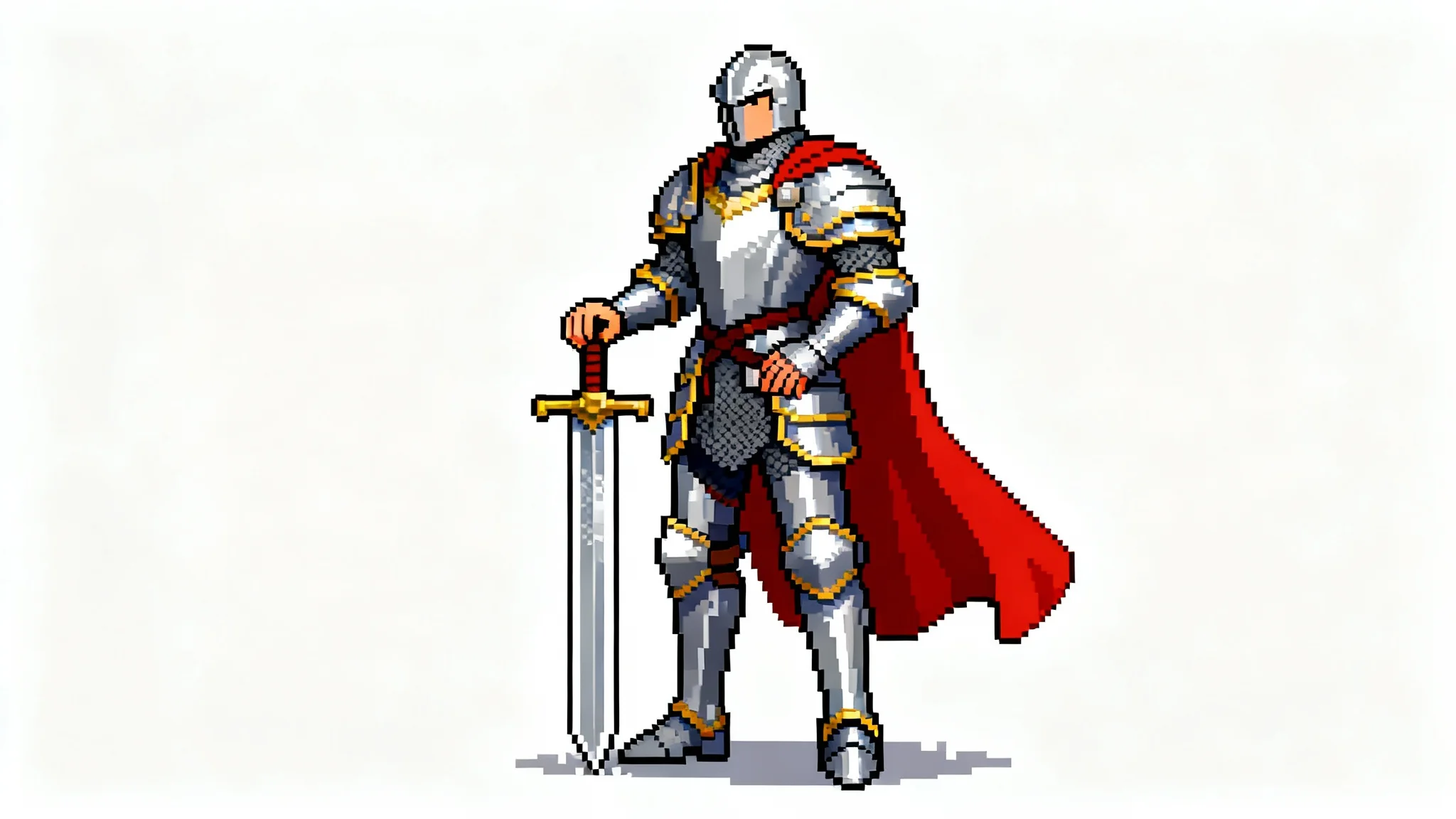 A pixel art depiction of a knight in full silver armor and a red cape, standing in a classic video game idle animation pose against a white background.