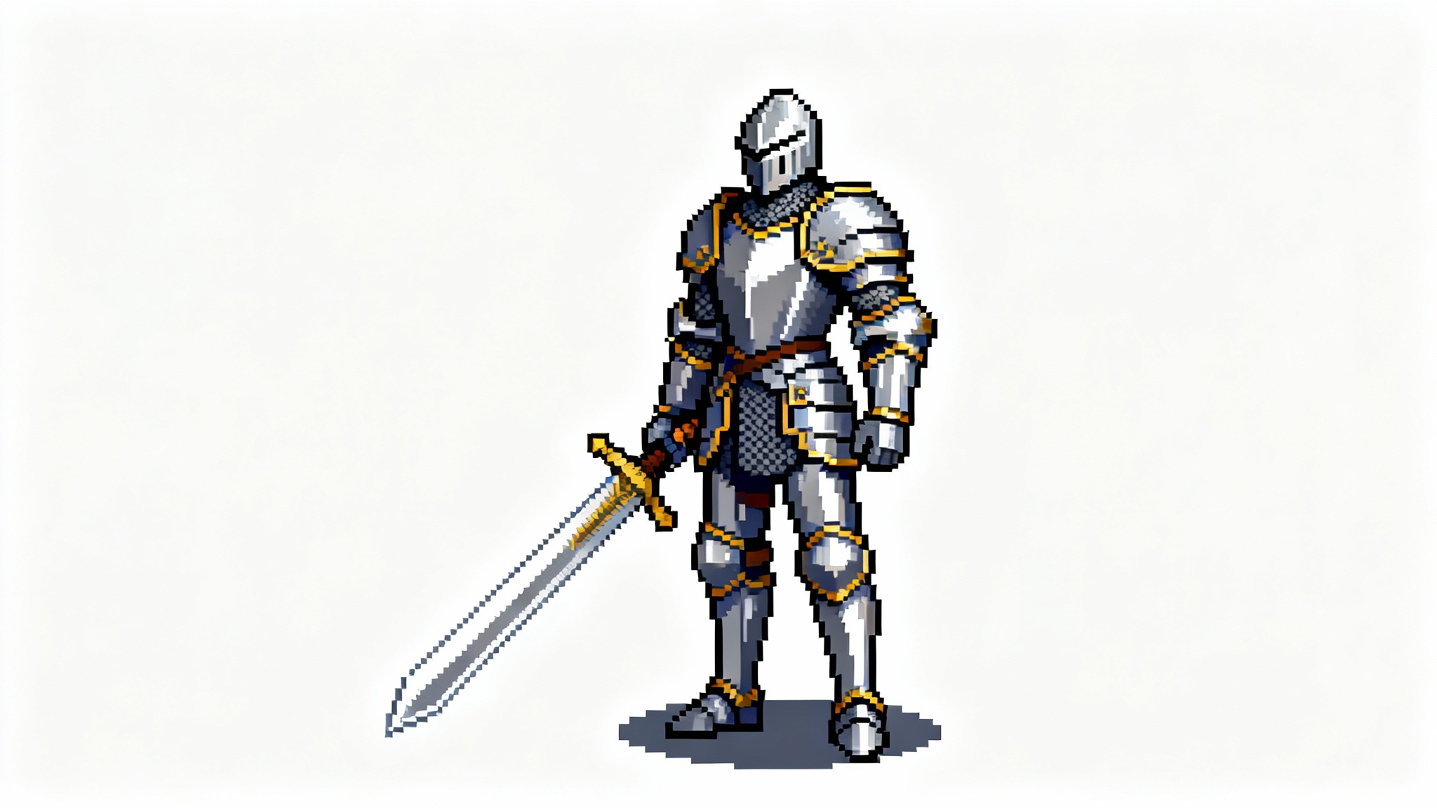A 16-bit pixel art sprite of a knight in full armor holding a sword, depicted in an idle animation pose against a plain white background.