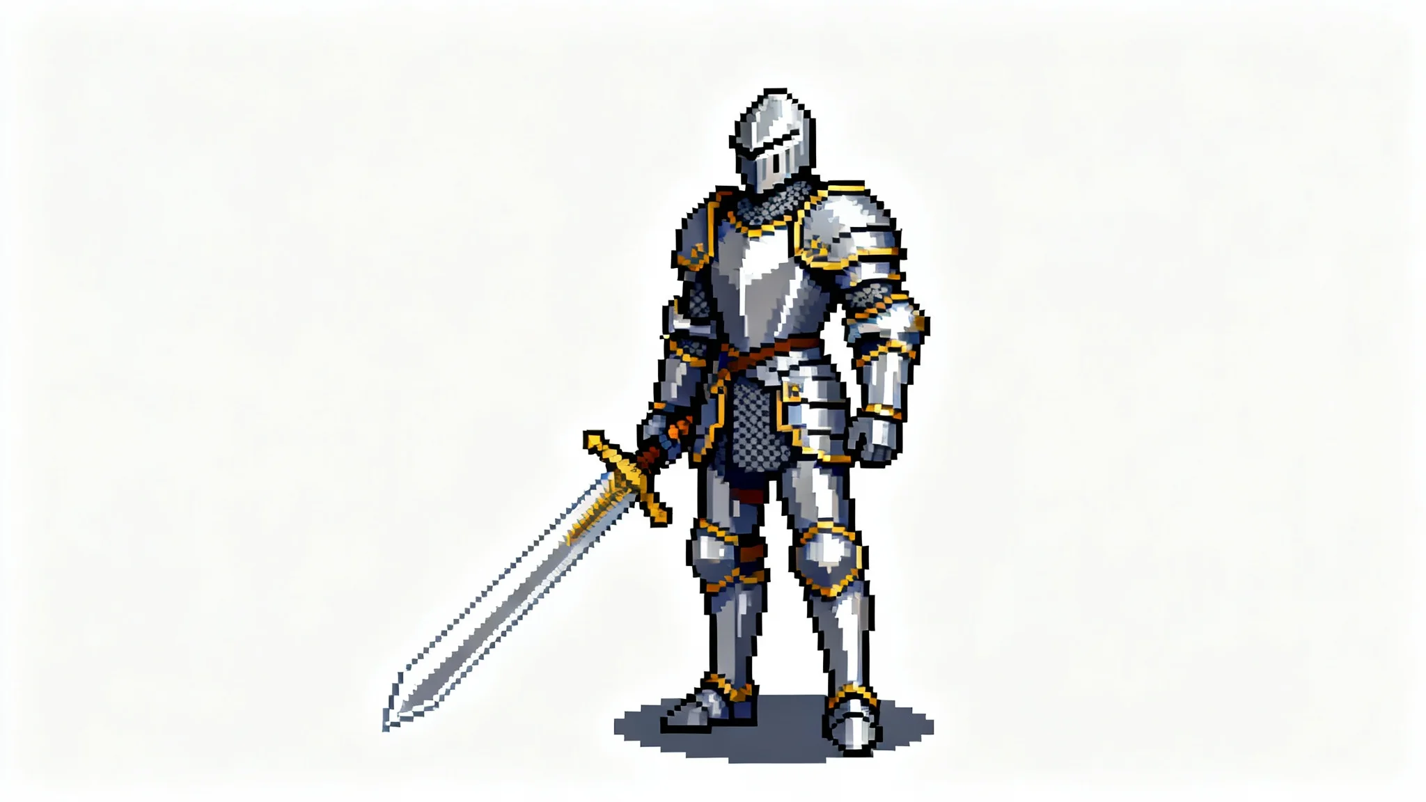 A 16-bit pixel art sprite of a knight in full armor holding a sword, depicted in an idle animation pose against a plain white background.