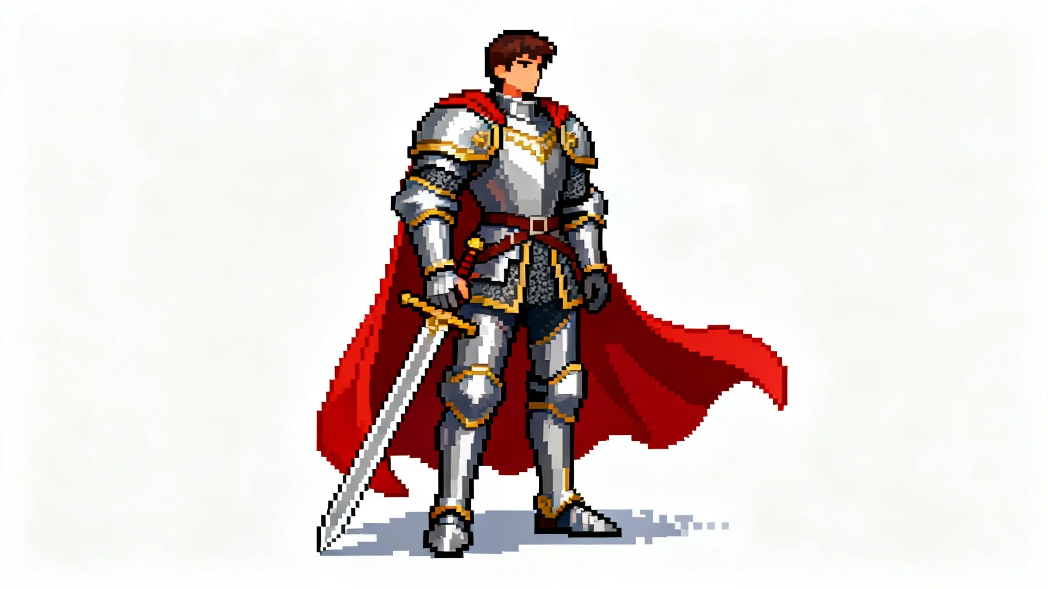 A 16-bit pixel art depiction of a knight in full armor, captured in a classic idle animation pose against a plain white background.