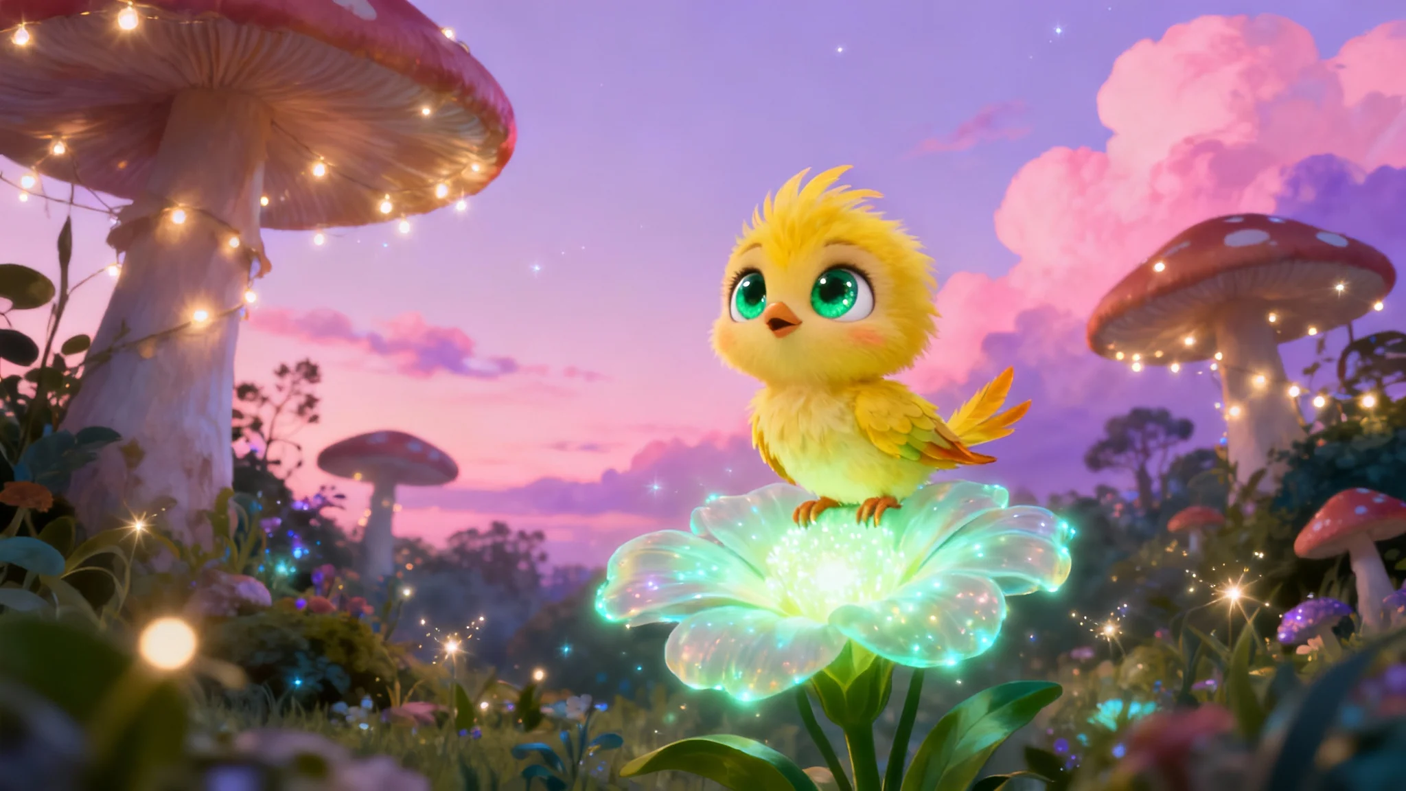 A highly detailed digital illustration of a cute baby bird sprite with yellow feathers and big green eyes, perched on a glowing flower in a magical forest at dusk, in a cinematic animation style.