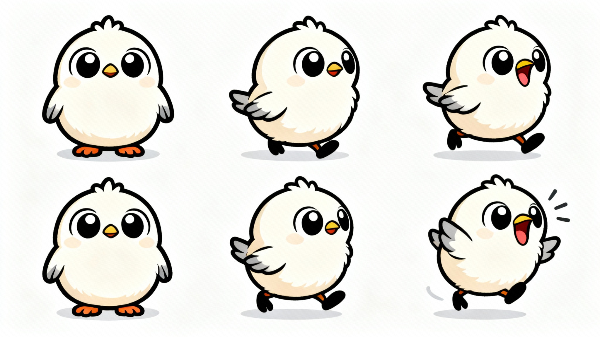 A digital illustration of a 2D game sprite sheet for a cute baby bird, showing animation frames for walking, hopping, and chirping, all on a white background.