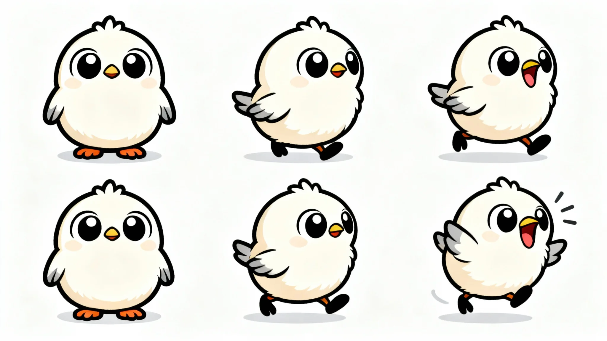 A digital illustration of a 2D game sprite sheet for a cute baby bird, showing animation frames for walking, hopping, and chirping, all on a white background.