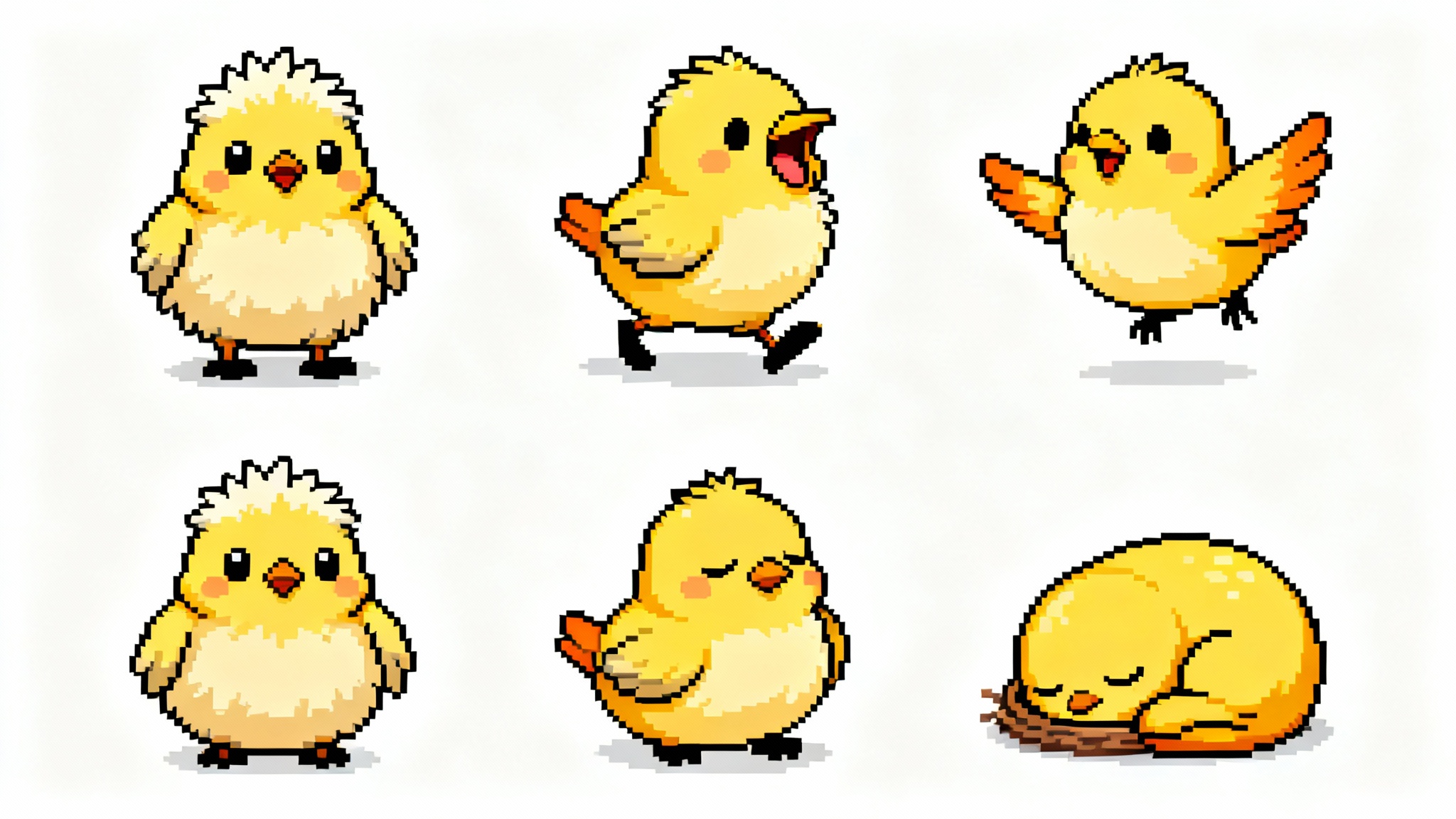 A digital illustration of a video game sprite sheet, showing a cute baby bird in different animation poses like walking and chirping, on a white background.