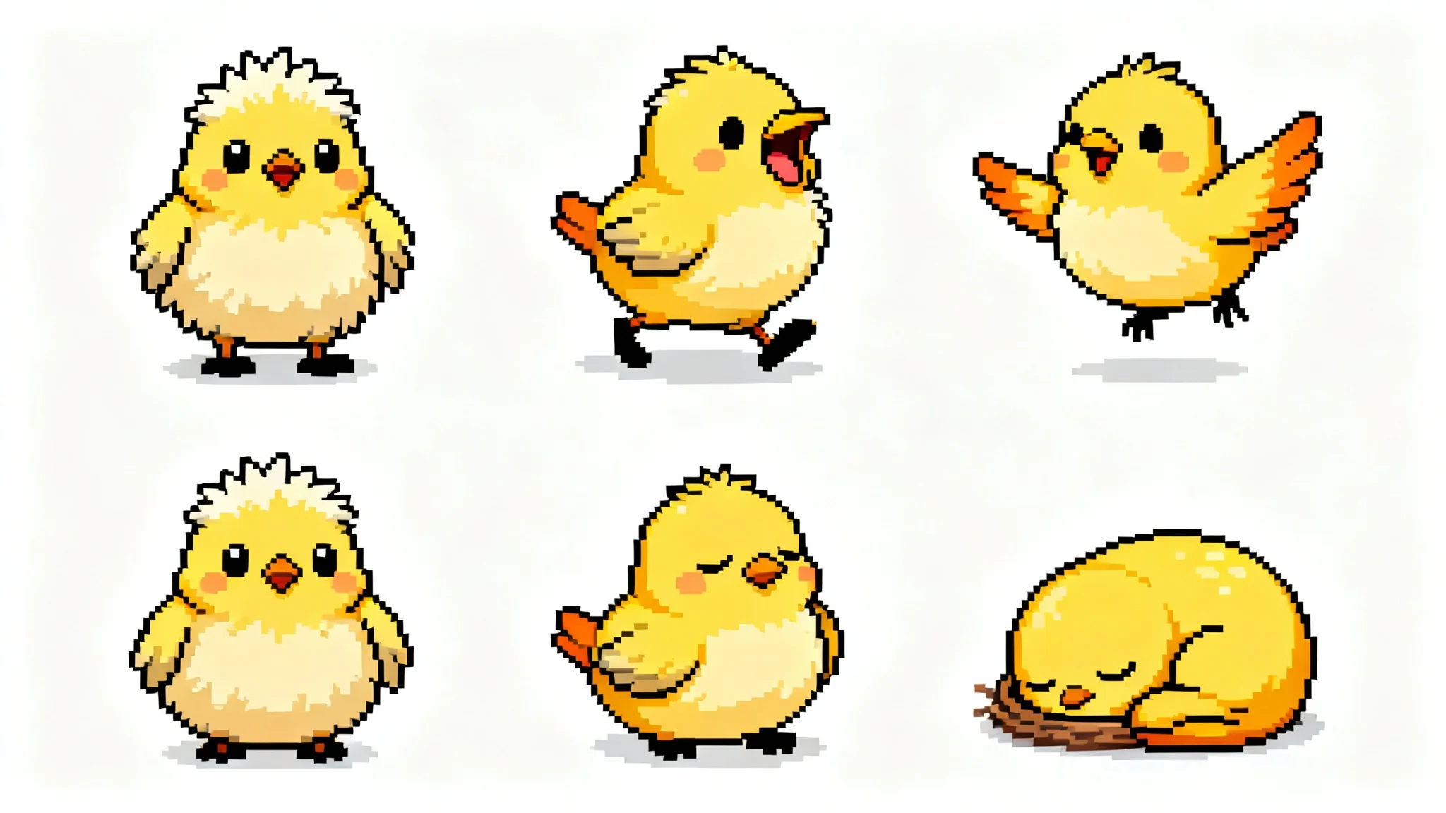 A digital illustration of a video game sprite sheet, showing a cute baby bird in different animation poses like walking and chirping, on a white background.