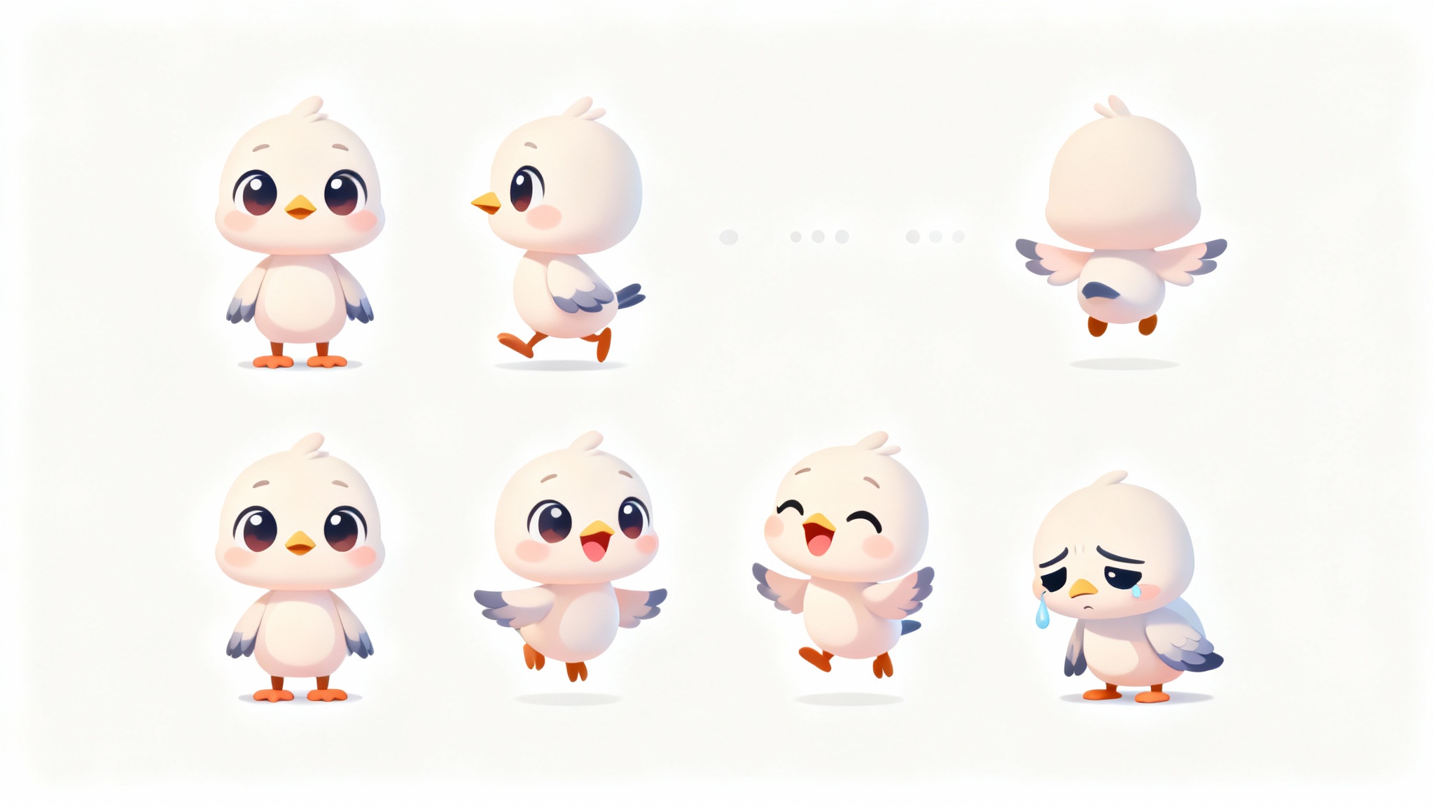 A sprite sheet of a cute baby bird character for a video game, showing different poses like standing, walking, and jumping on a white background.