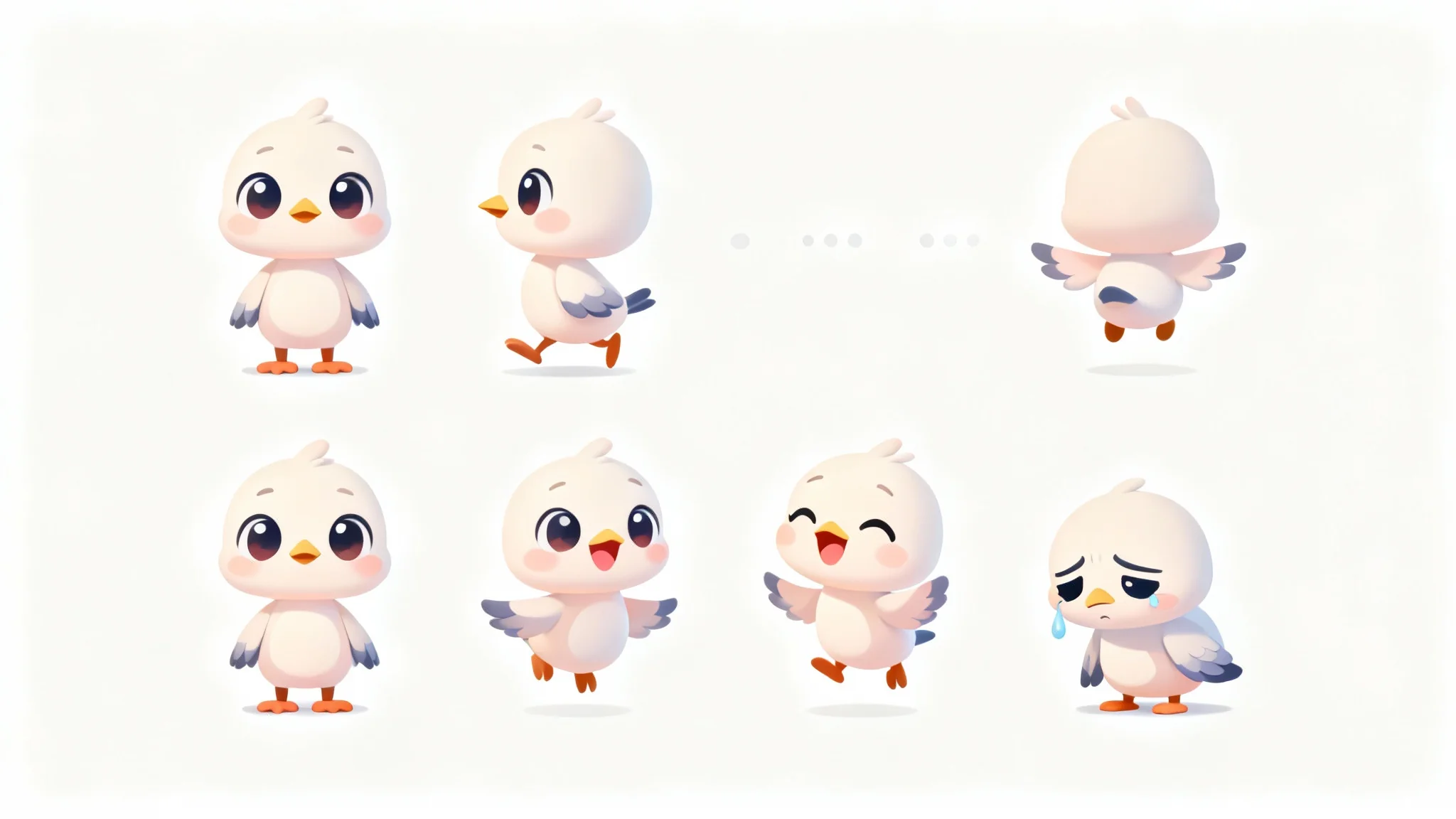 A sprite sheet of a cute baby bird character for a video game, showing different poses like standing, walking, and jumping on a white background.