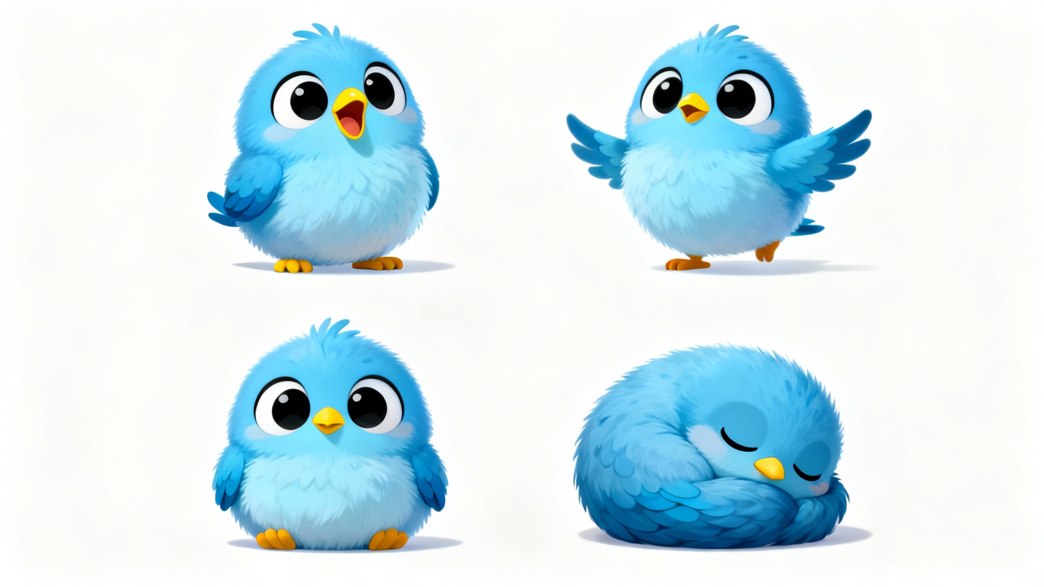 A character design sheet showcasing four poses of a cute, cartoonish baby bluebird sprite, designed in a clean vector style on a white background.