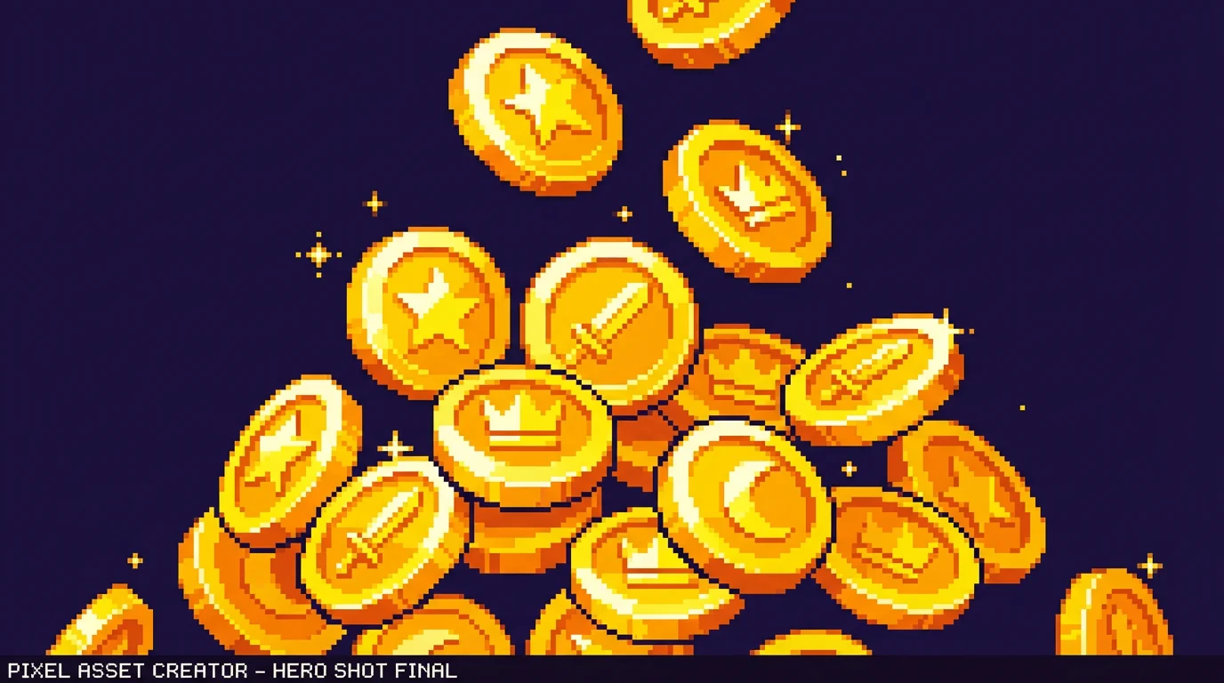 A professional hero image displaying a pile of shimmering pixel art gold coins with different engravings, shown against a dark background as a final design example.