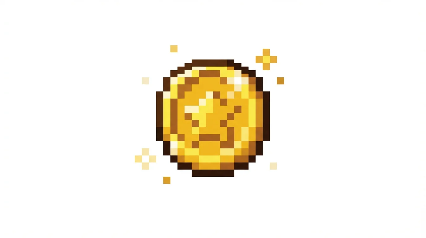 A vibrant pixel art illustration of a single shiny gold coin with a star in the middle, shown against a plain white background.