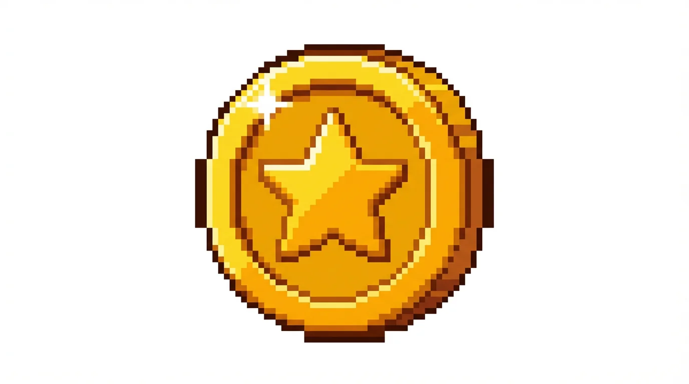 A detailed pixel art illustration of a shiny gold coin with a star embossed in the center, set against a plain white background.